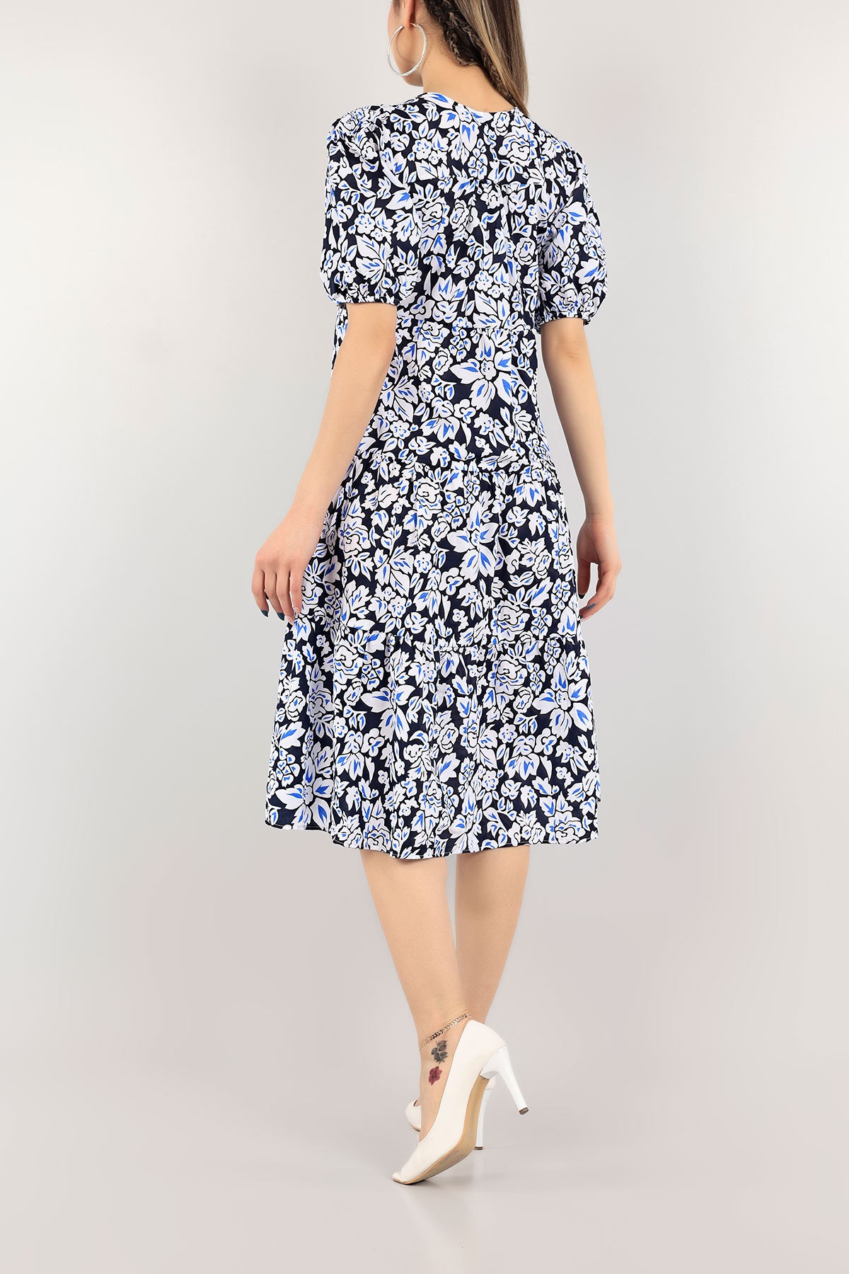 Lacivert Desenli Poplin Dokuma Elbise 110425