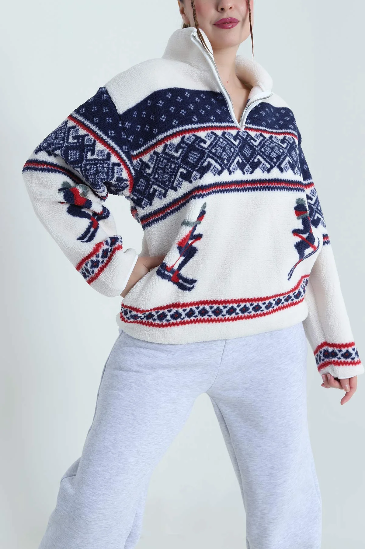 Lacivert Desenli Uzun Kollu Teddy Kadın Sweat 482453