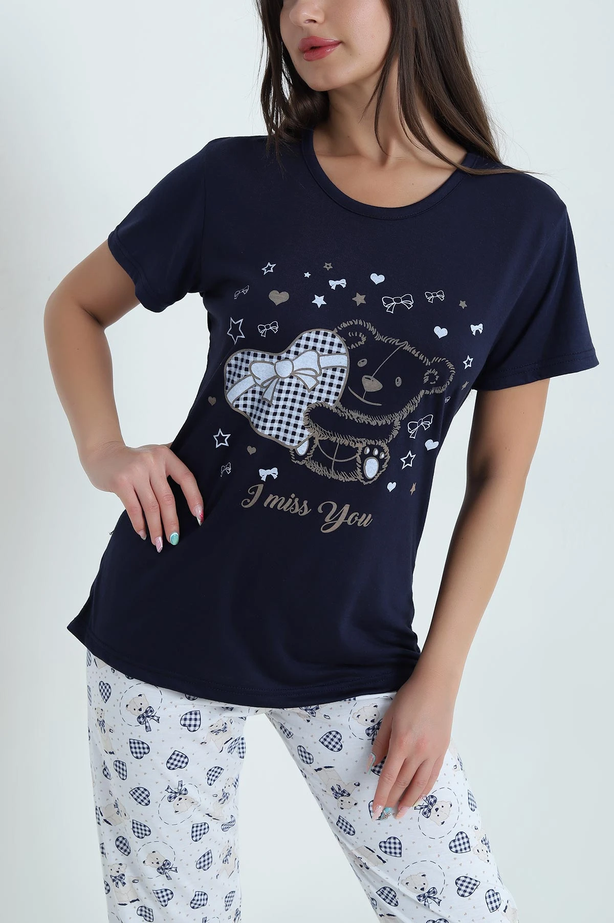Lacivert Desenli Viskon Kadın Pijama Takımı 466618