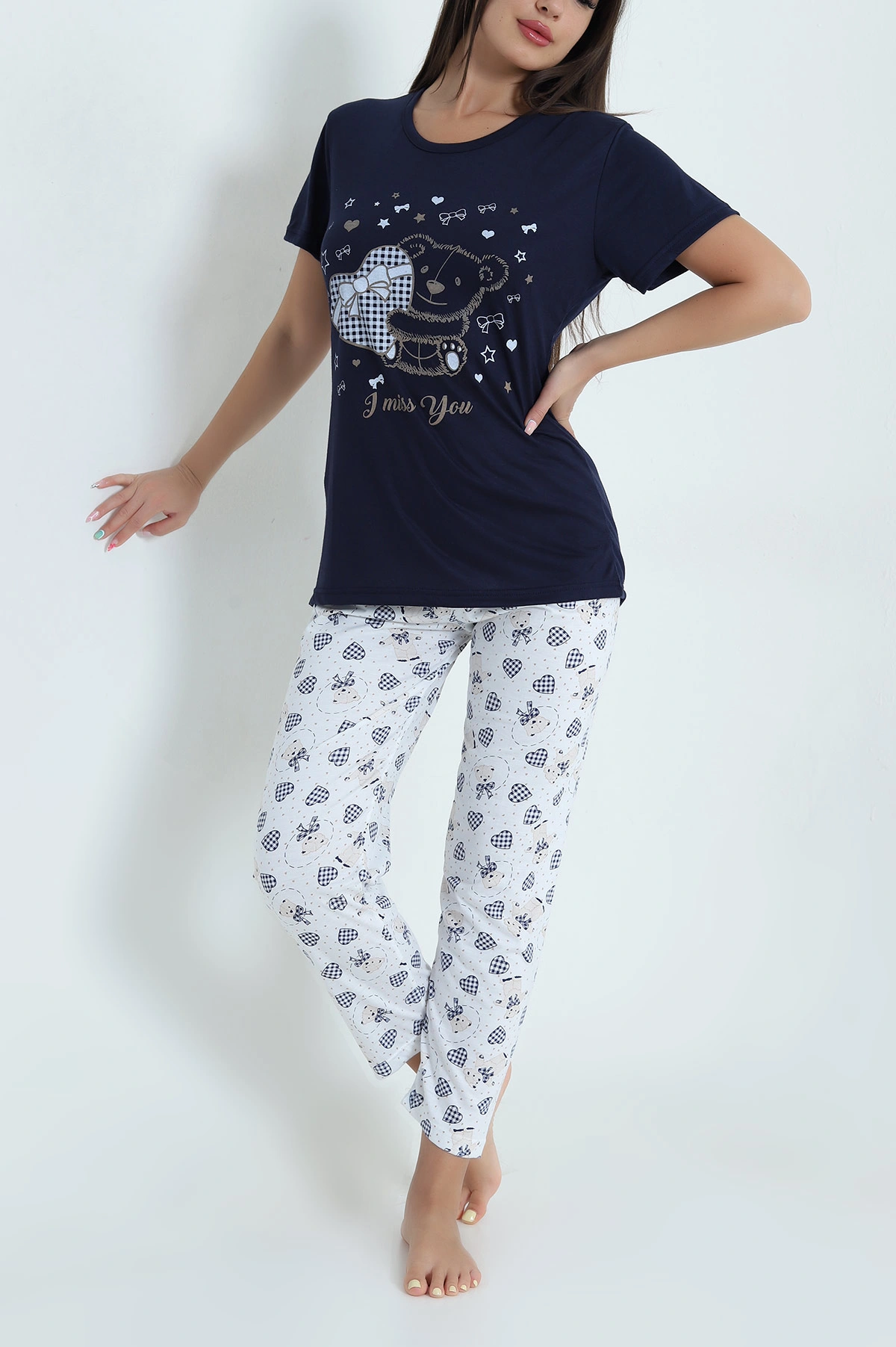Lacivert Desenli Viskon Kadın Pijama Takımı 466618
