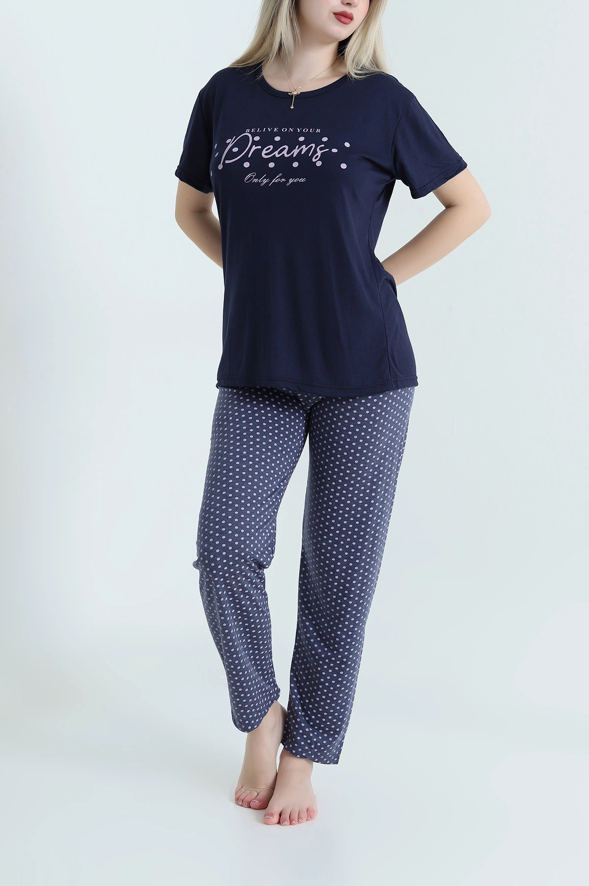 Lacivert Desenli Viskon Kadın Pijama Takımı 466629