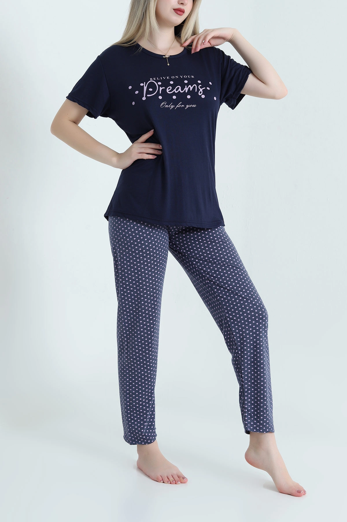 Lacivert Desenli Viskon Kadın Pijama Takımı 466629