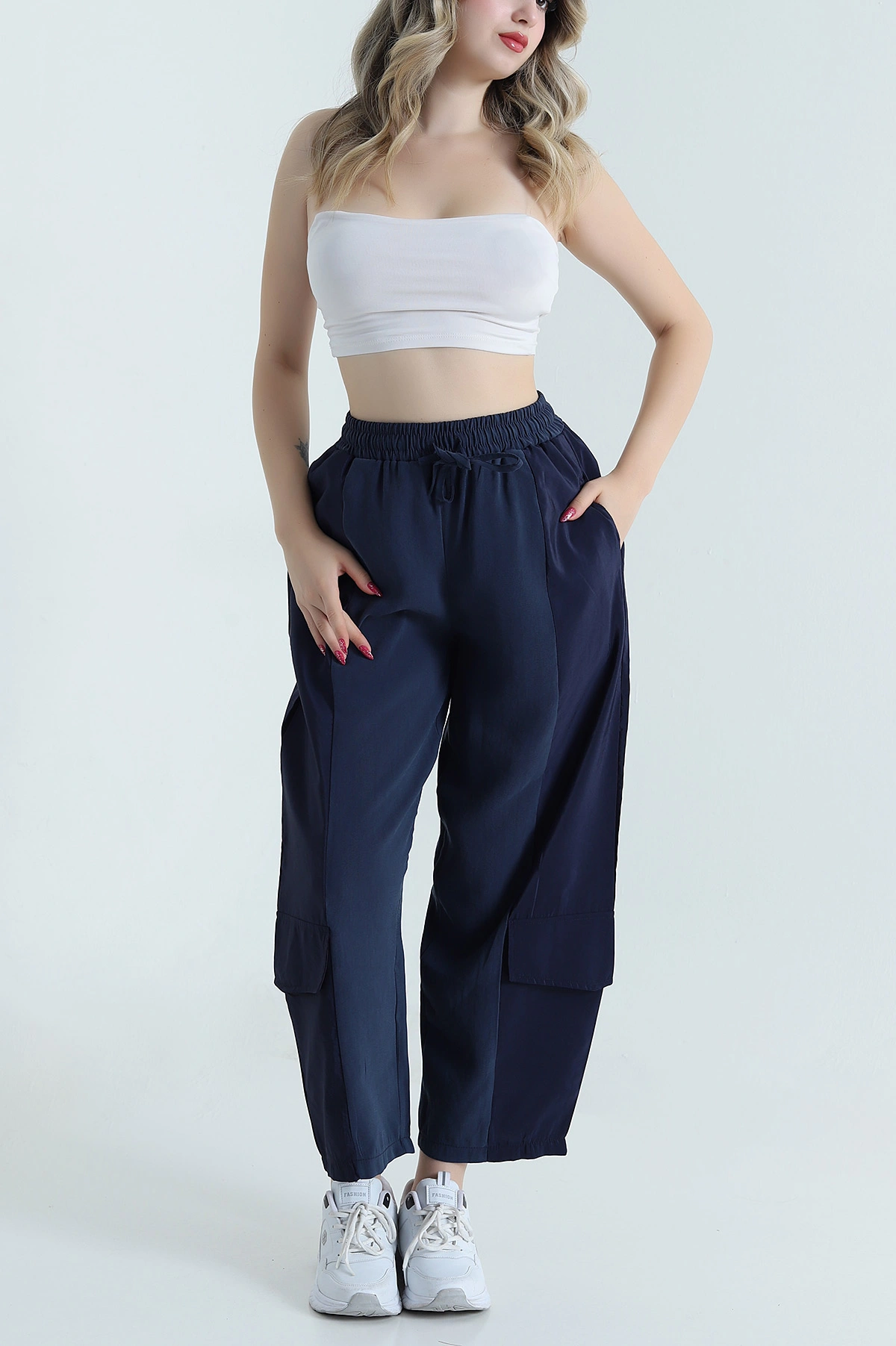 Lacivert Diagonel Tencel Kadın Kargo Pantolon 475769