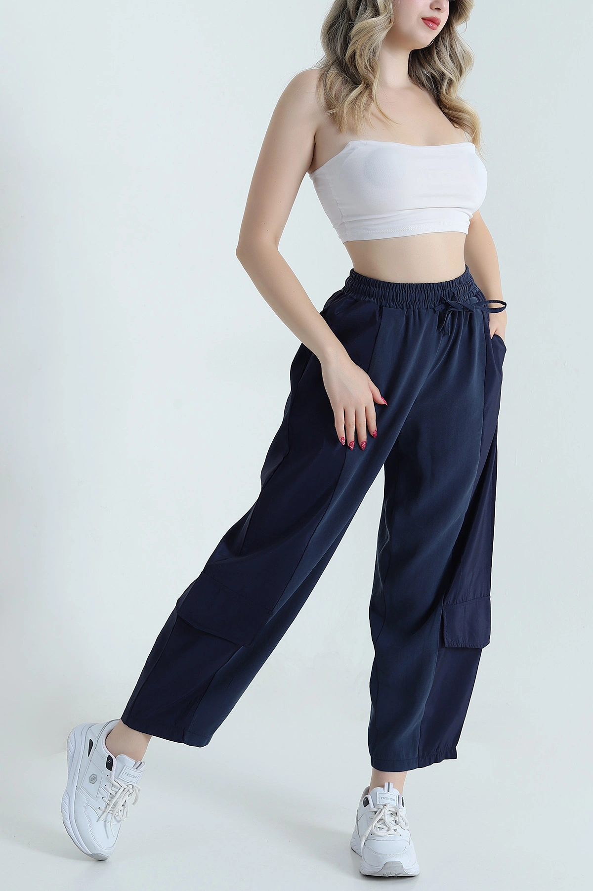 Lacivert Diagonel Tencel Kadın Kargo Pantolon 475769