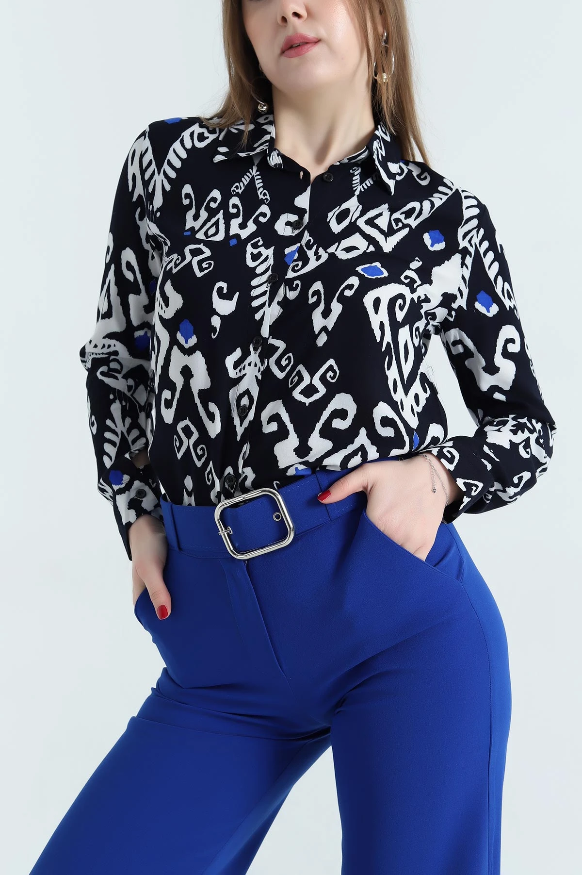 Lacivert Dokuma Viskon Bayan Gömlek 337825
