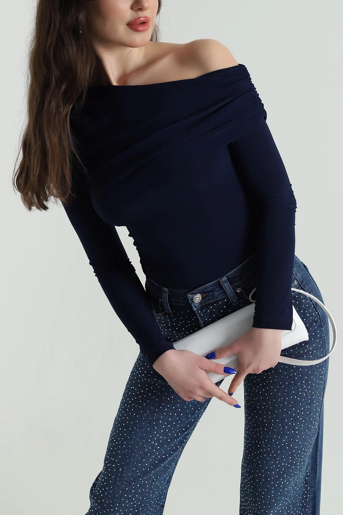 Lacivert Drapeli Sendy Kadın Bluz 425999