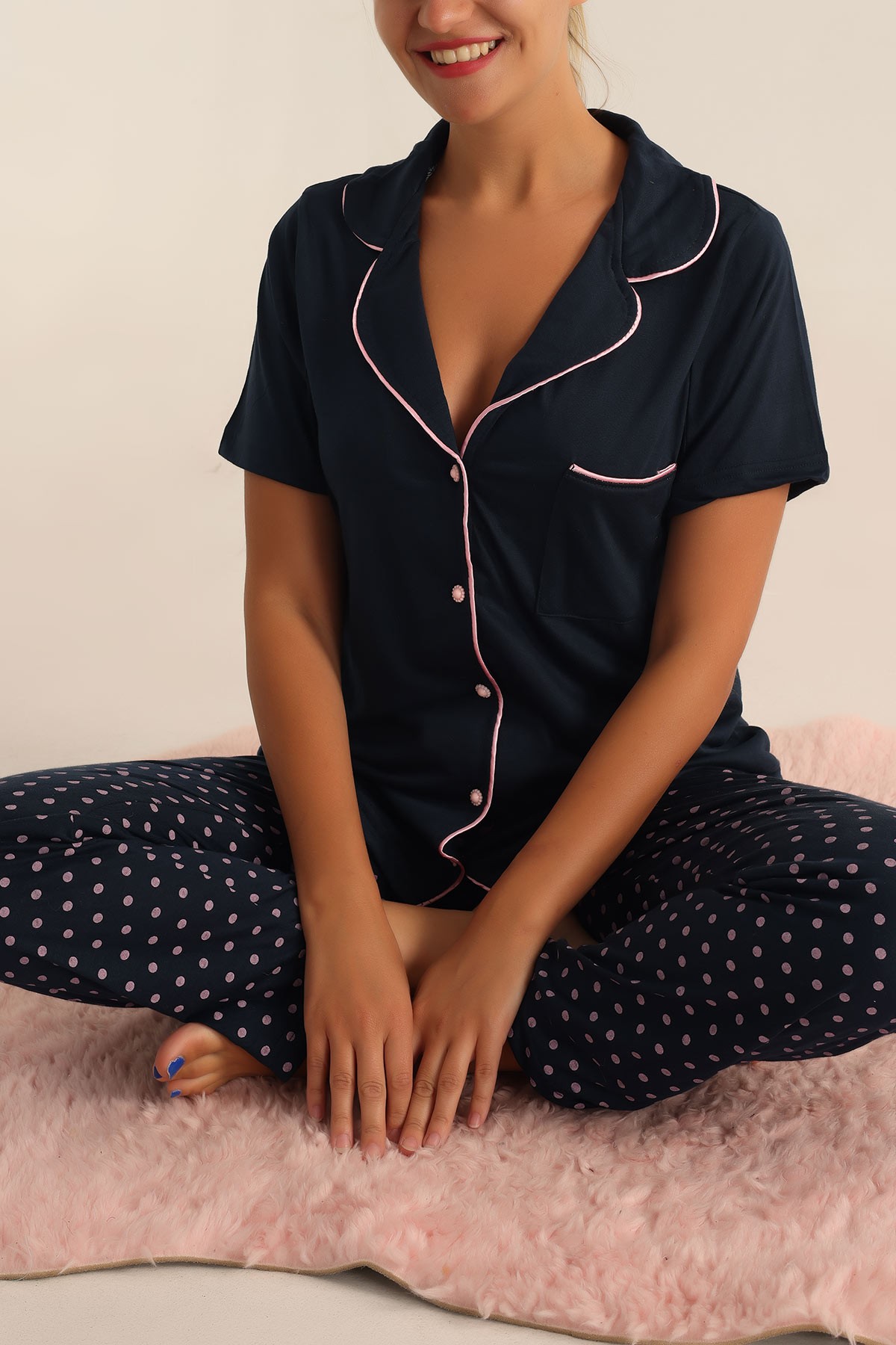 Lacivert Düğmeli Bayan Pijama Takımı 192128