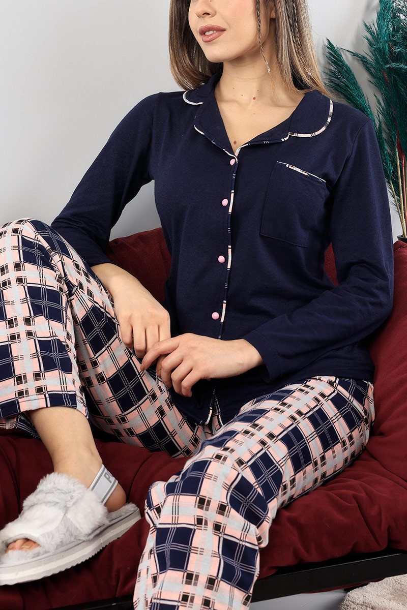 Lacivert Düğmeli Bayan Pijama Takımı 89413