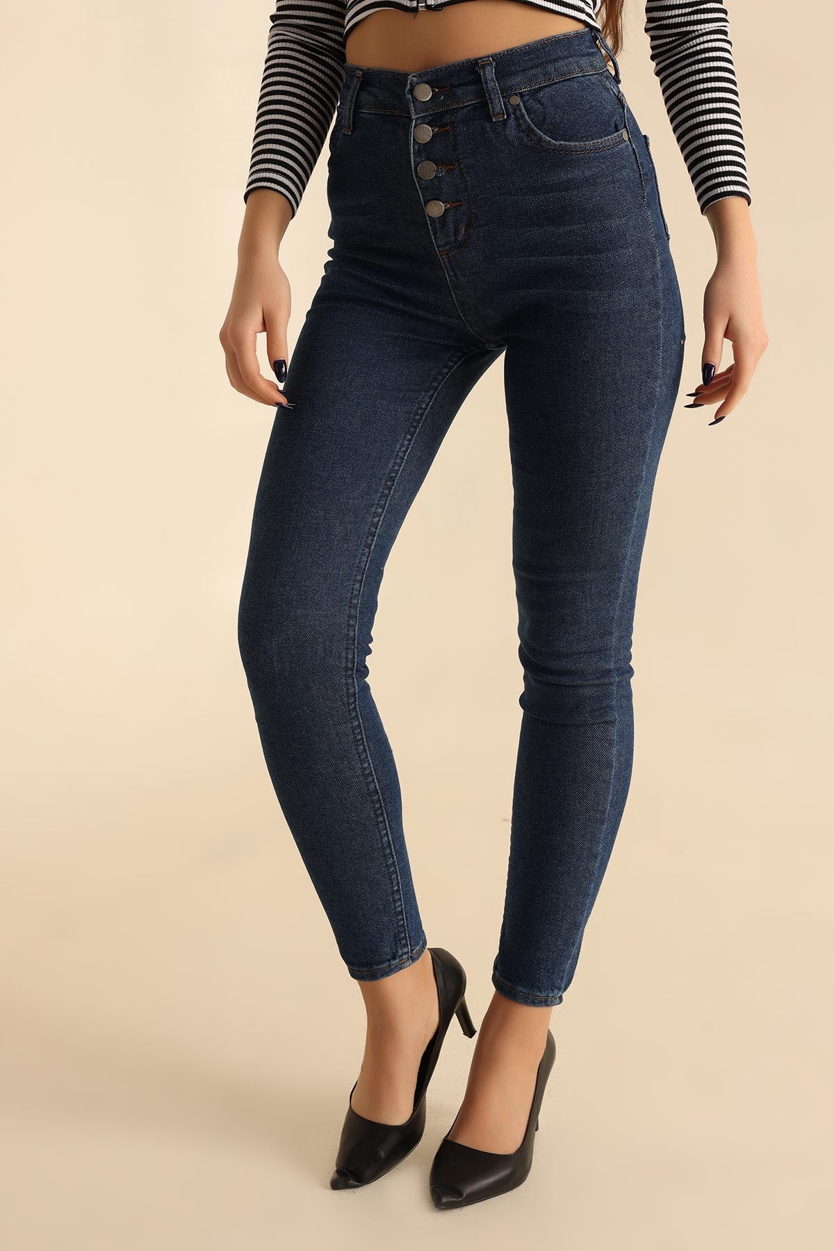 Lacivert Düğmeli Likralı Bayan Kot Pantolon 222393