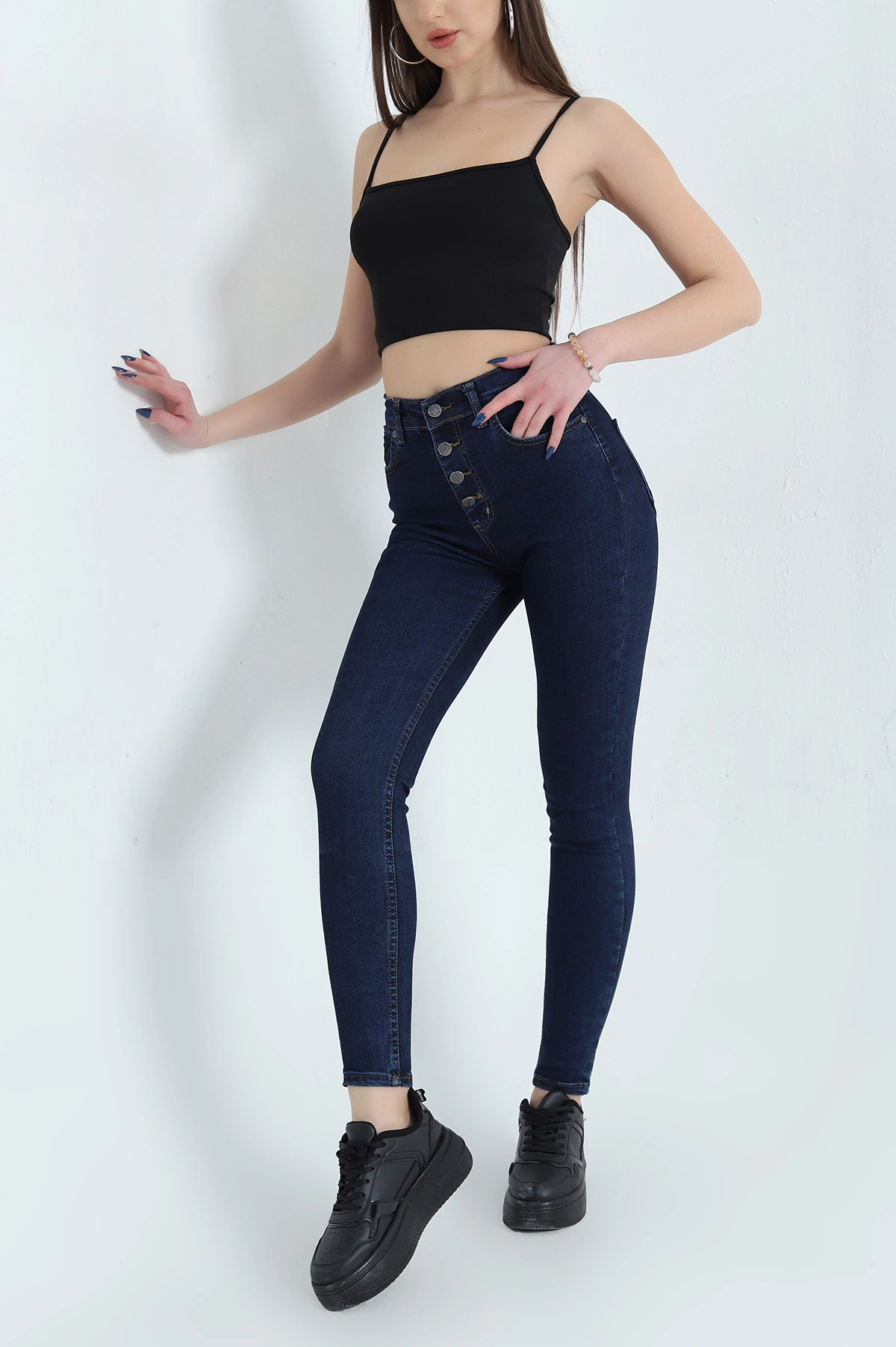 Lacivert Düğmeli Likralı Bayan Kot Pantolon 337755