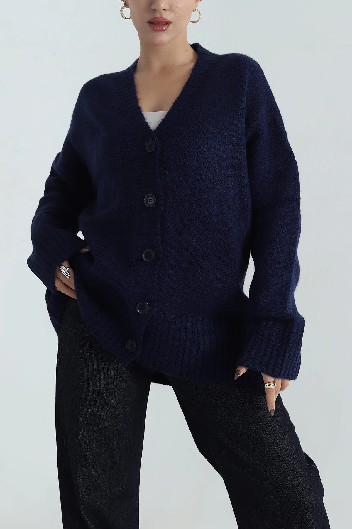 Lacivert Düğmeli Oversize Kadın Triko Hırka 412283