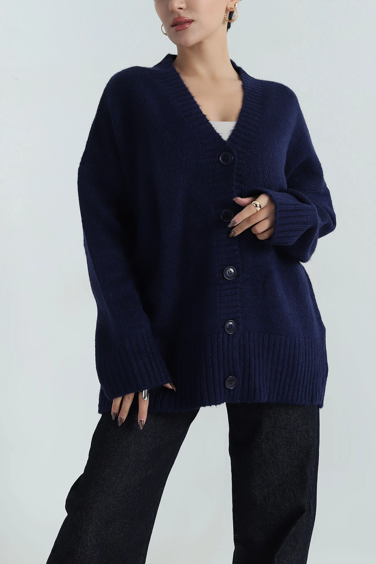 Lacivert Düğmeli Oversize Kadın Triko Hırka 412283