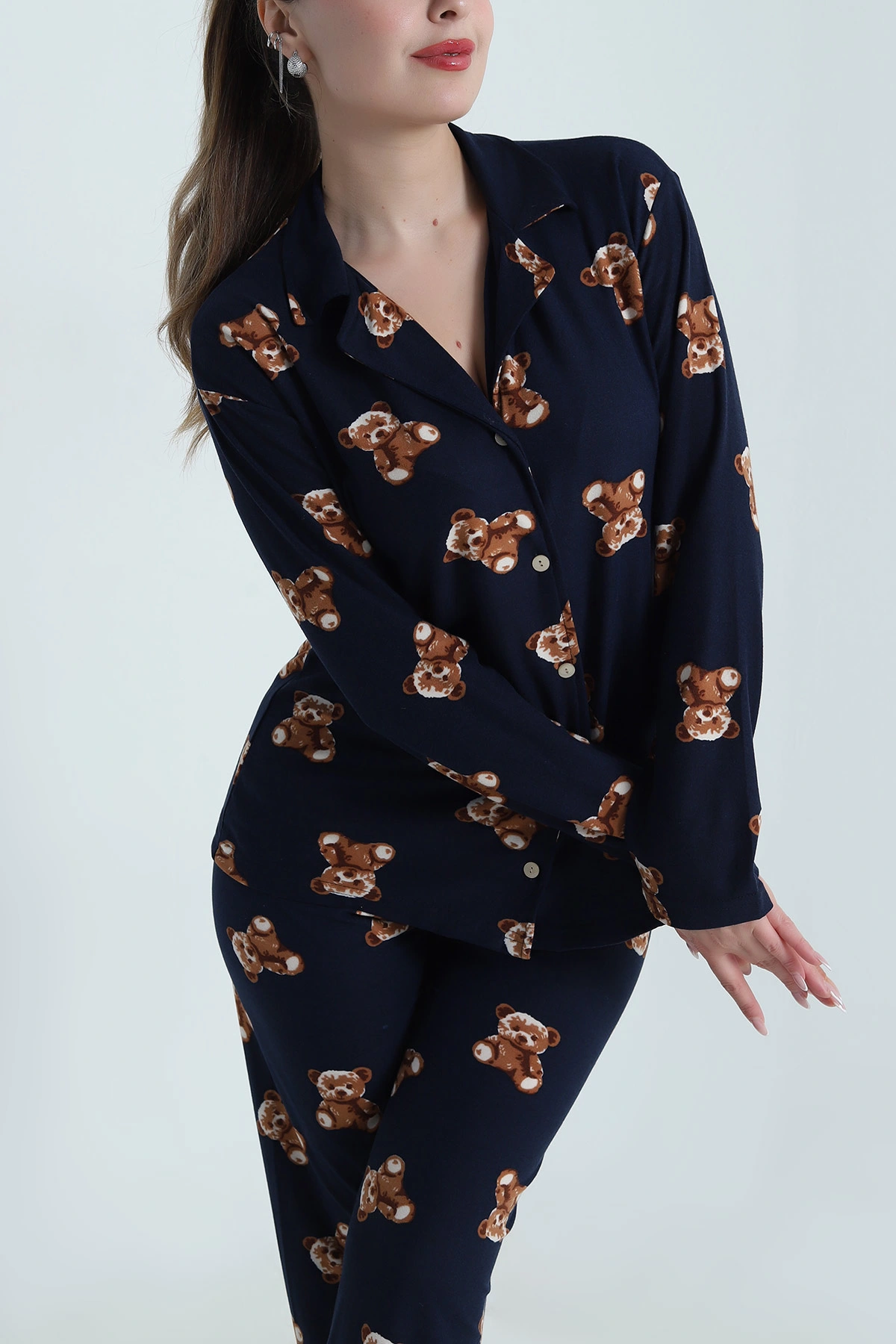 Lacivert Düğmeli Soft Süet Kadın Pijama Takımı 488911
