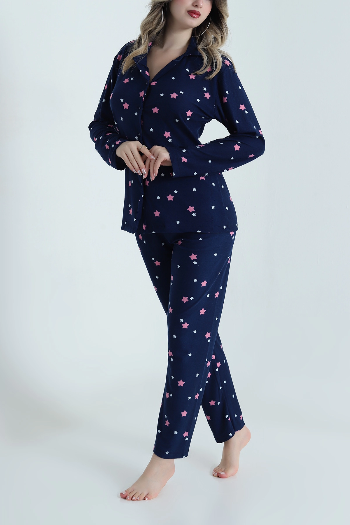 Lacivert Düğmeli Süet Kadın Pijama Takımı 490740