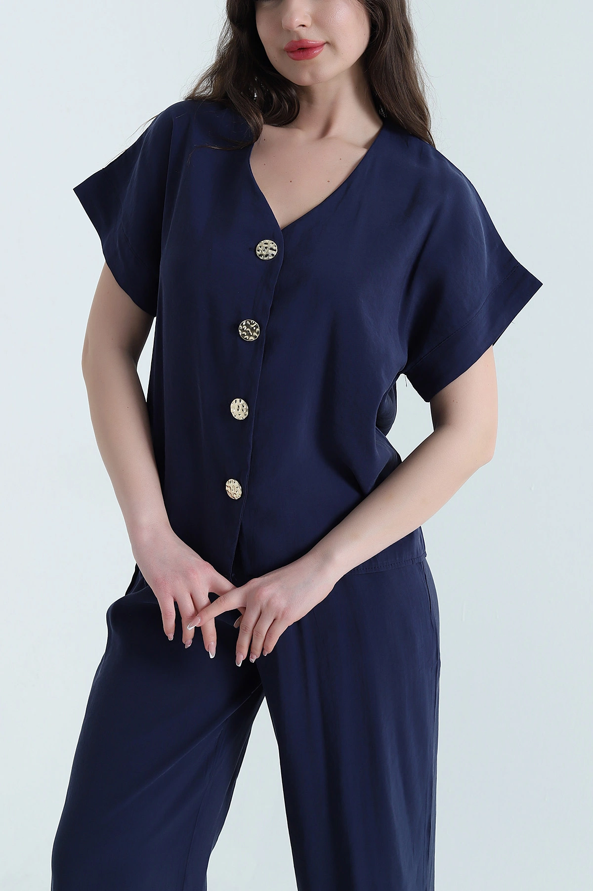 Lacivert Düğmeli Tencel Kadın İkili Takım 455148