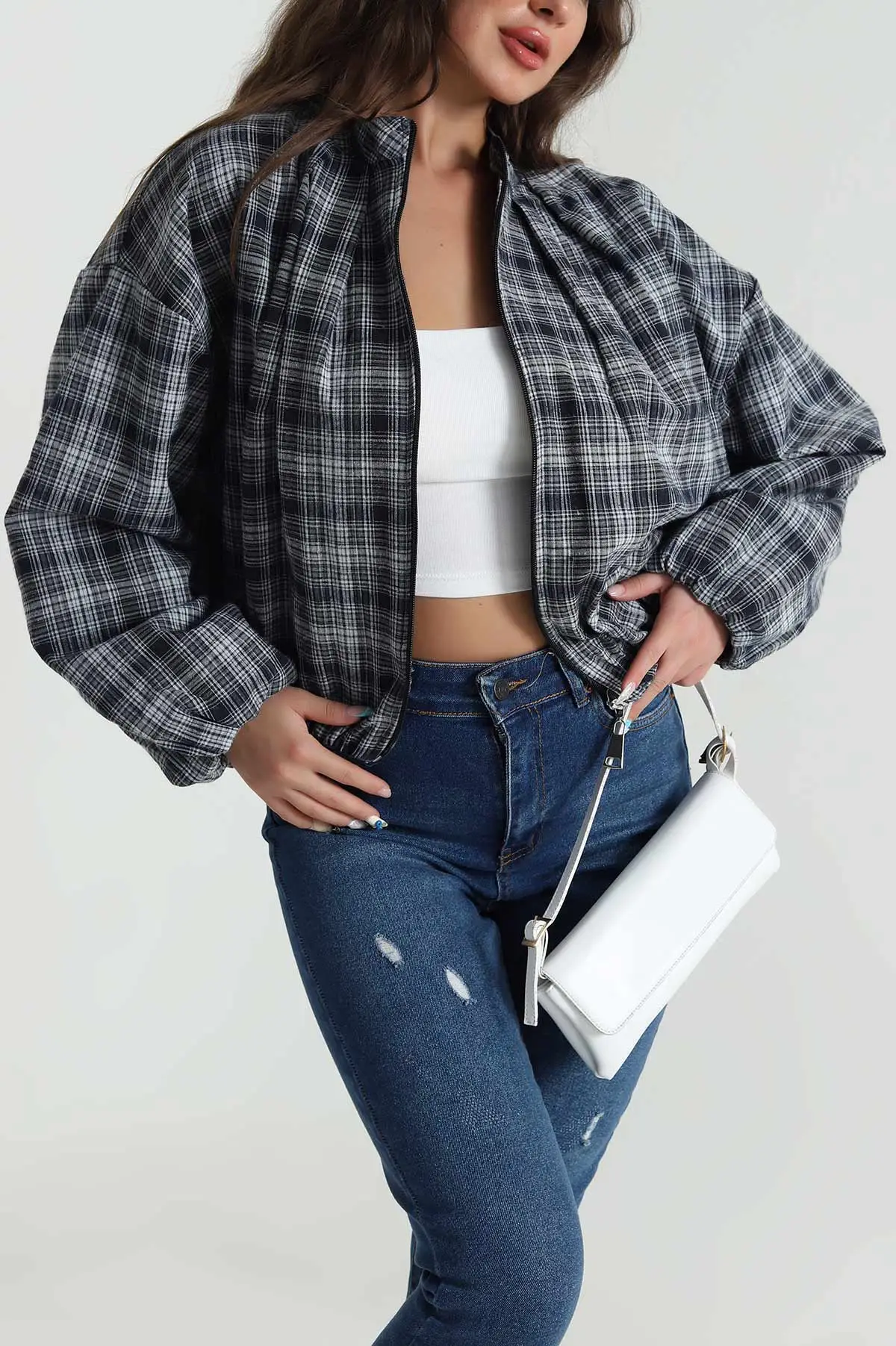 Lacivert Ekose Bomber Kadın Mevsimlik Mont 484488