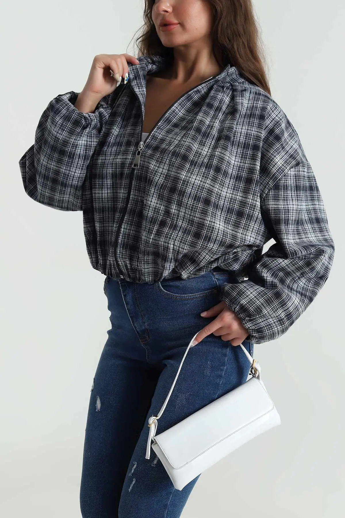 Lacivert Ekose Bomber Kadın Mevsimlik Mont 484488