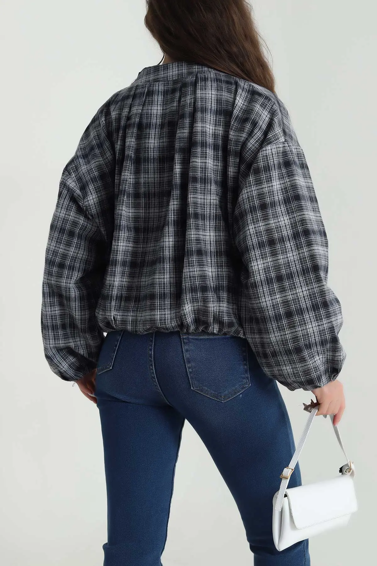 Lacivert Ekose Bomber Kadın Mevsimlik Mont 484488