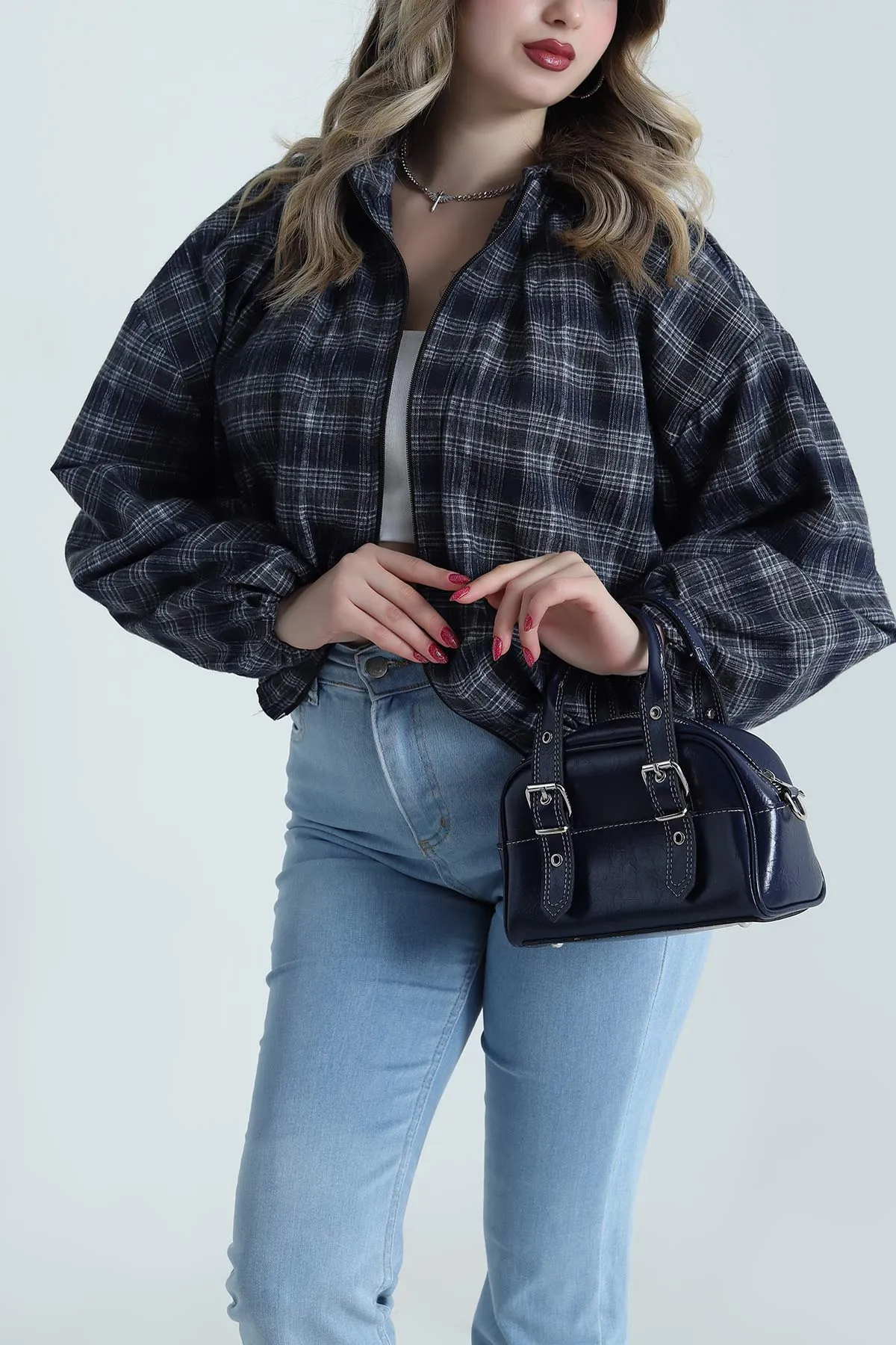 Lacivert Ekose Bomber Kadın Mevsimlik Mont 493468