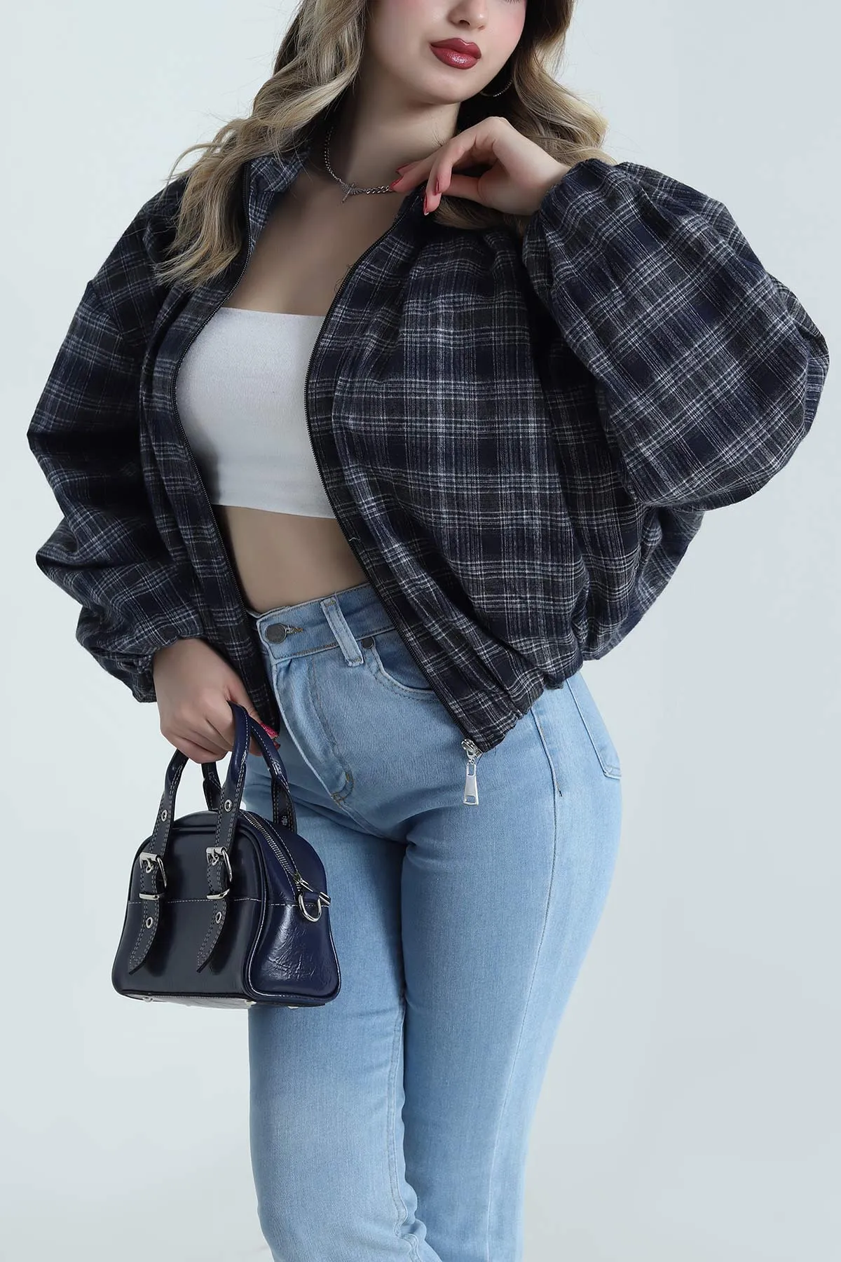 Lacivert Ekose Bomber Kadın Mevsimlik Mont 493468