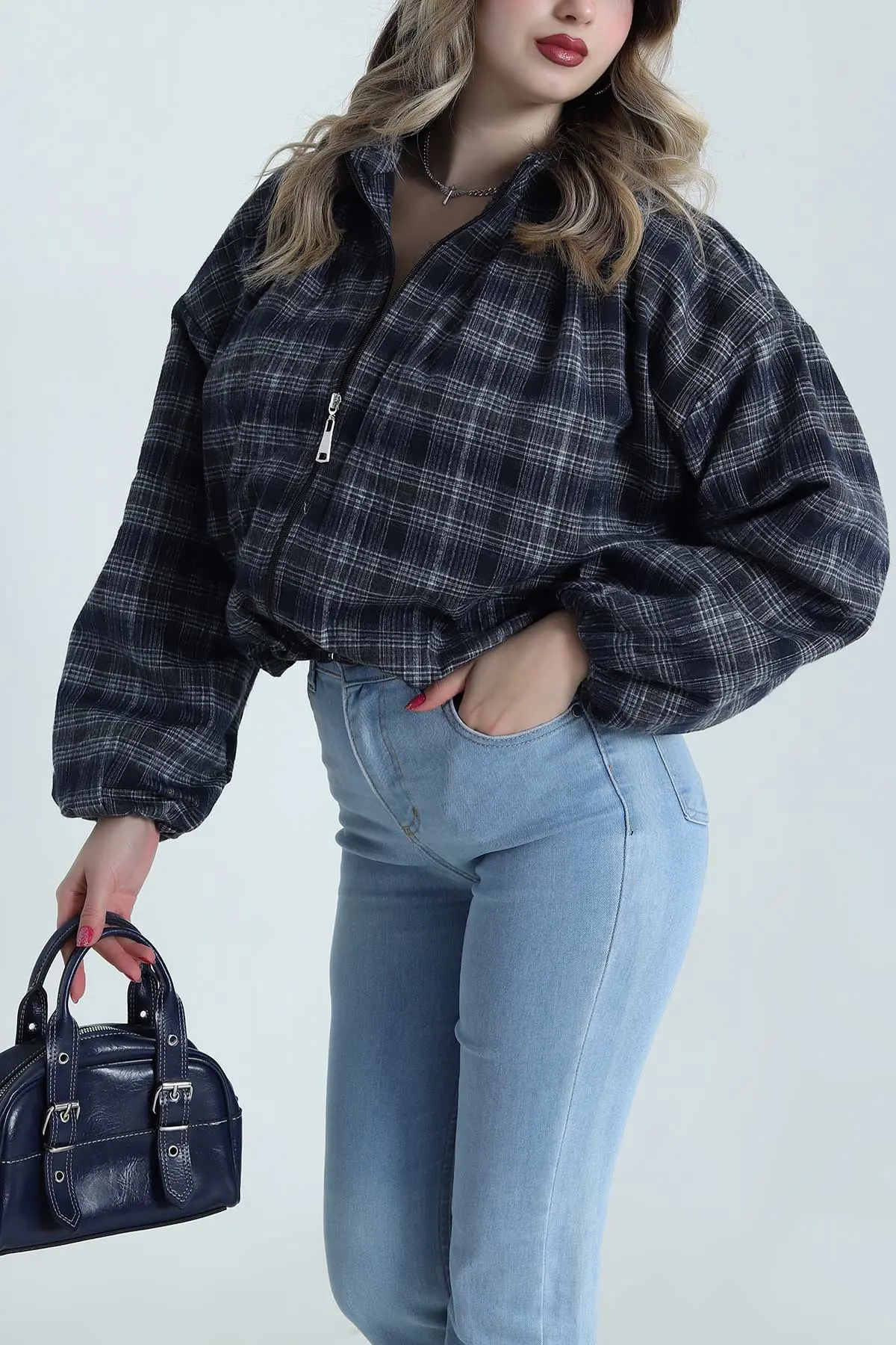 Lacivert Ekose Bomber Kadın Mevsimlik Mont 493468