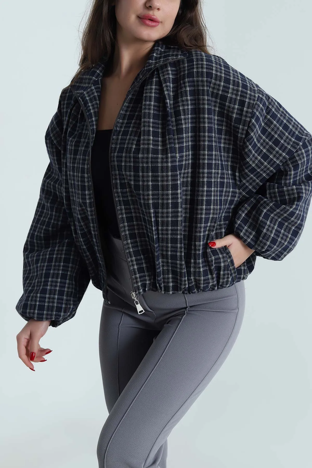 Lacivert Ekose Bomber Kadın Mevsimlik Mont 493488