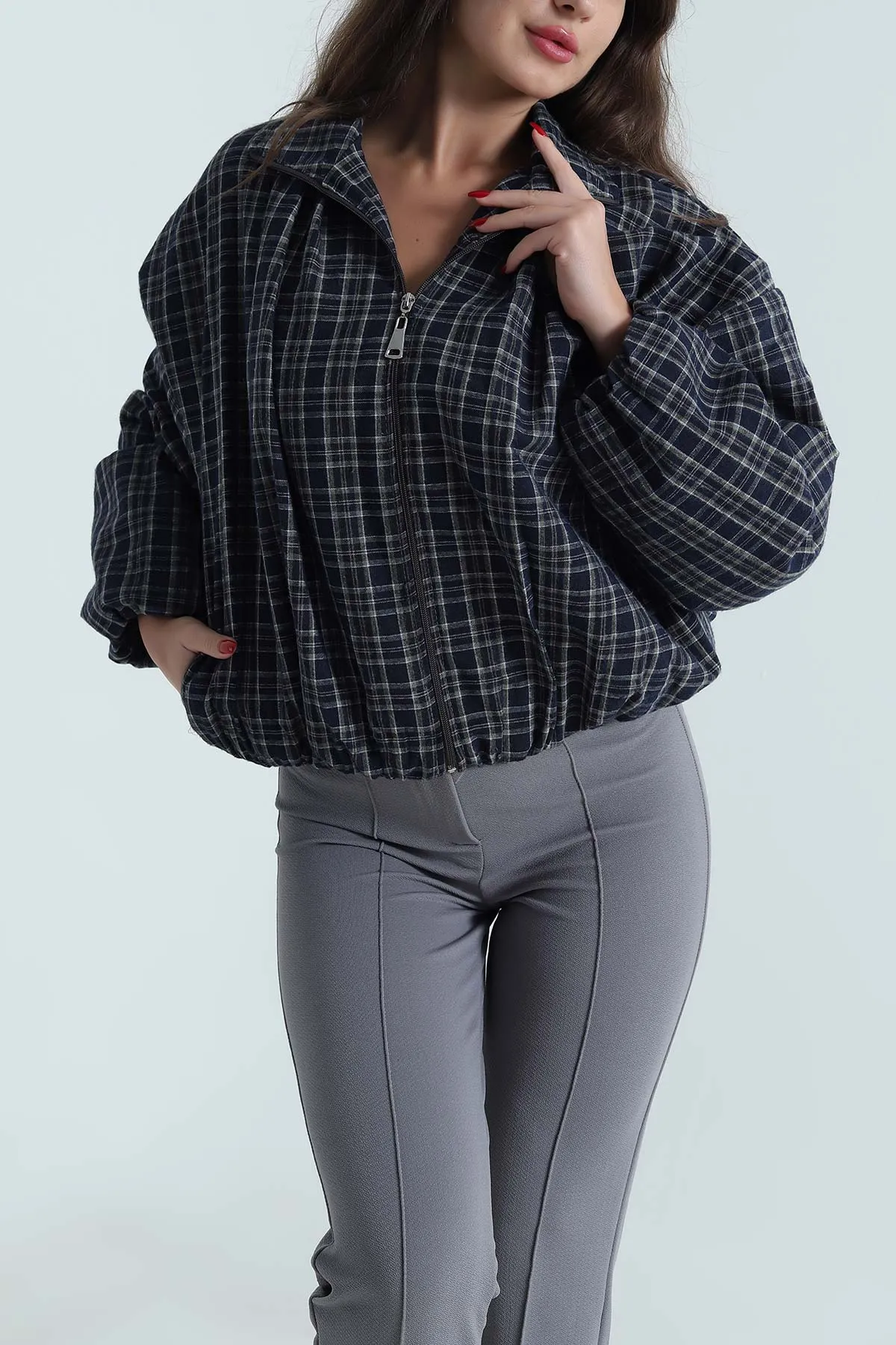 Lacivert Ekose Bomber Kadın Mevsimlik Mont 493488