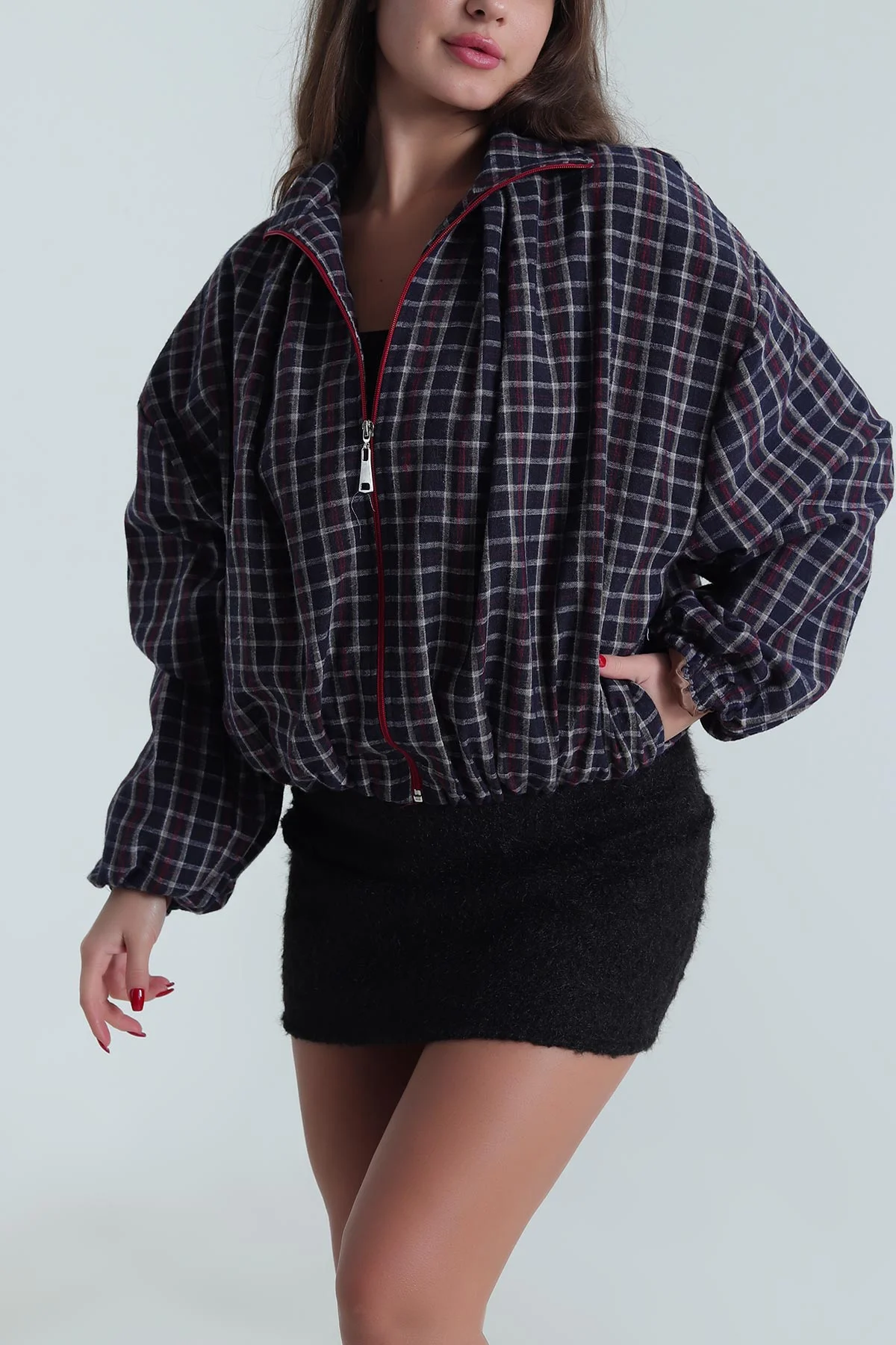 Lacivert Ekose Bomber Kadın Mevsimlik Mont 493721