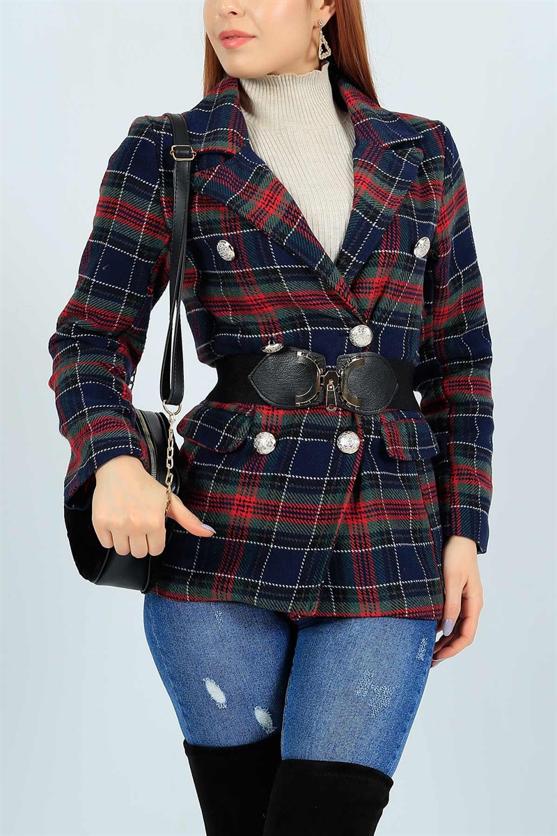 Lacivert Ekose Desen Astarlı Kaşe Ceket 24622B