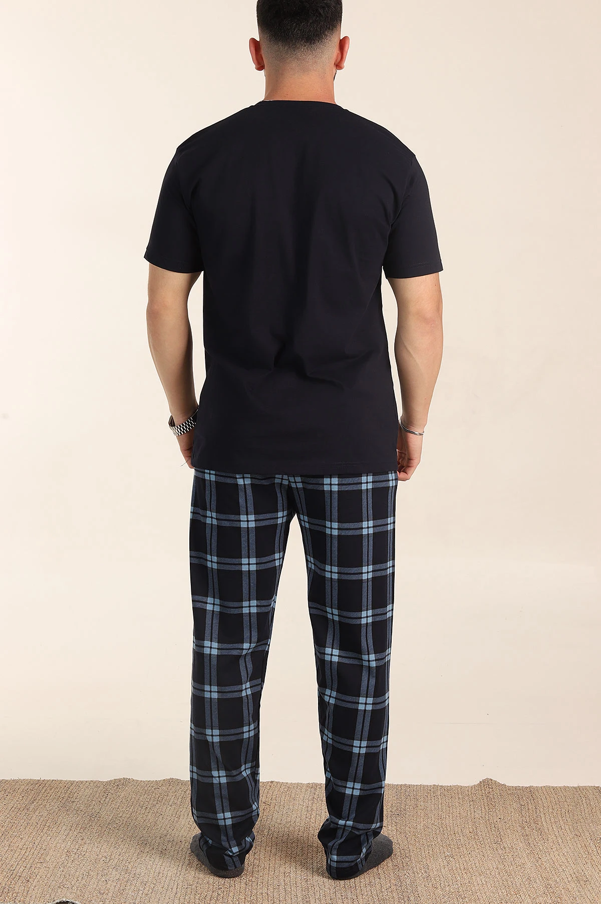 Lacivert Ekose Desenli 3 Düğmeli Kısa Kol Erkek Pijama Takımı 357474