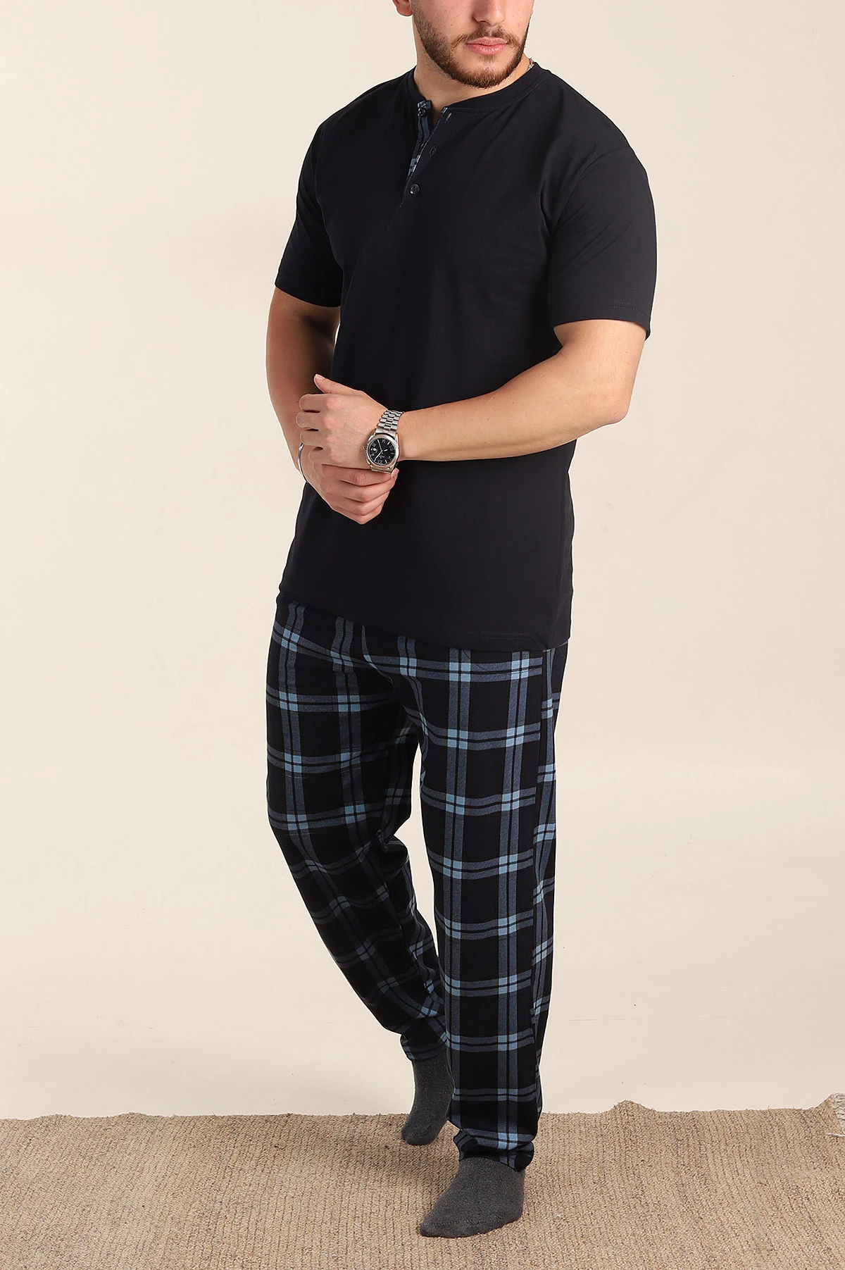 Lacivert Ekose Desenli 3 Düğmeli Kısa Kol Erkek Pijama Takımı 357474