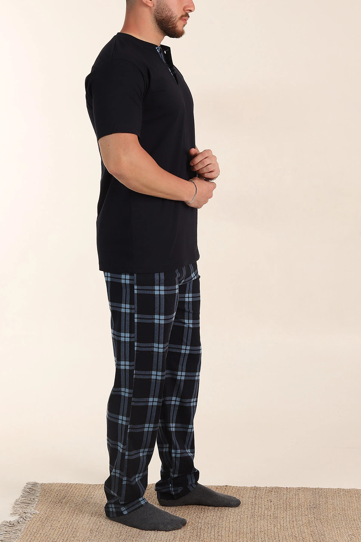 Lacivert Ekose Desenli 3 Düğmeli Kısa Kol Erkek Pijama Takımı 357474