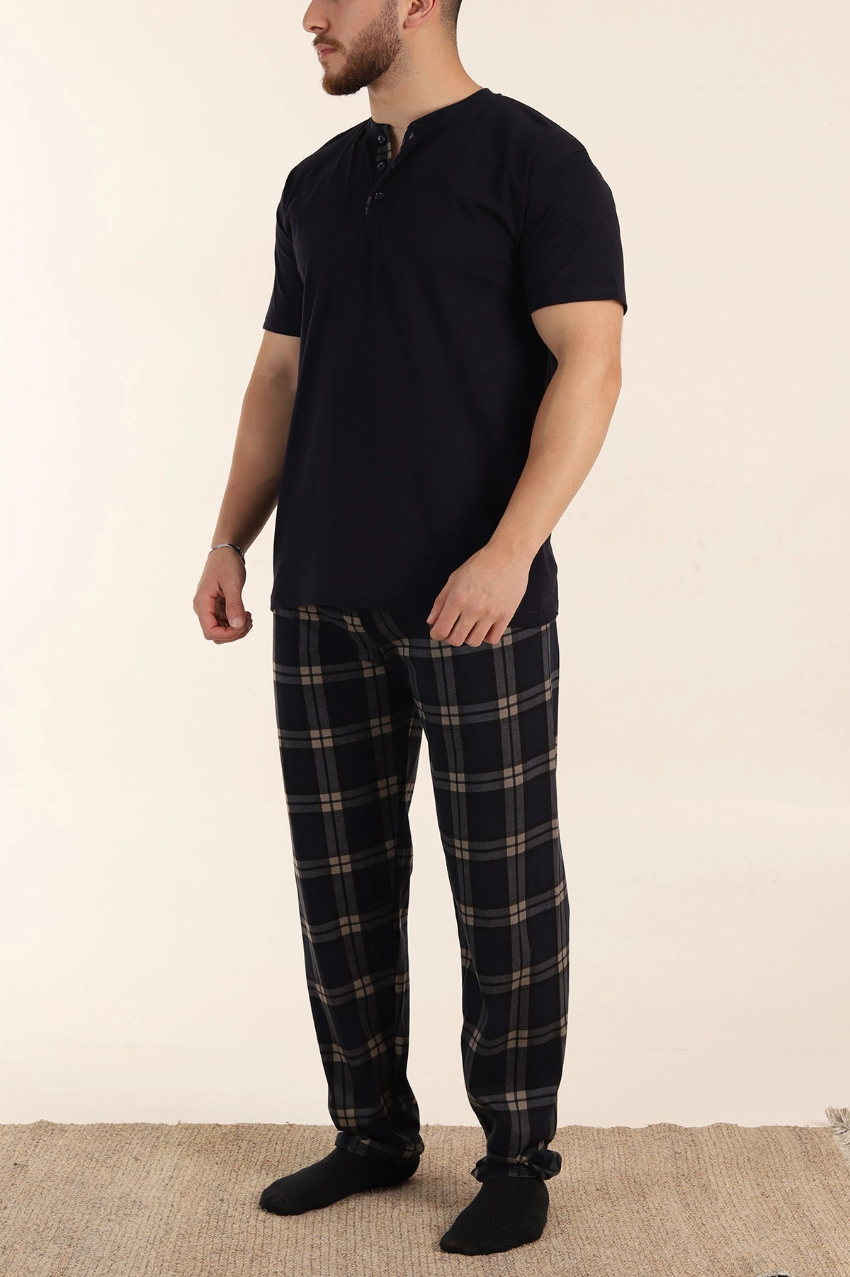 Lacivert Ekose Desenli 3 Düğmeli Kısa Kol Erkek Pijama Takımı 362609