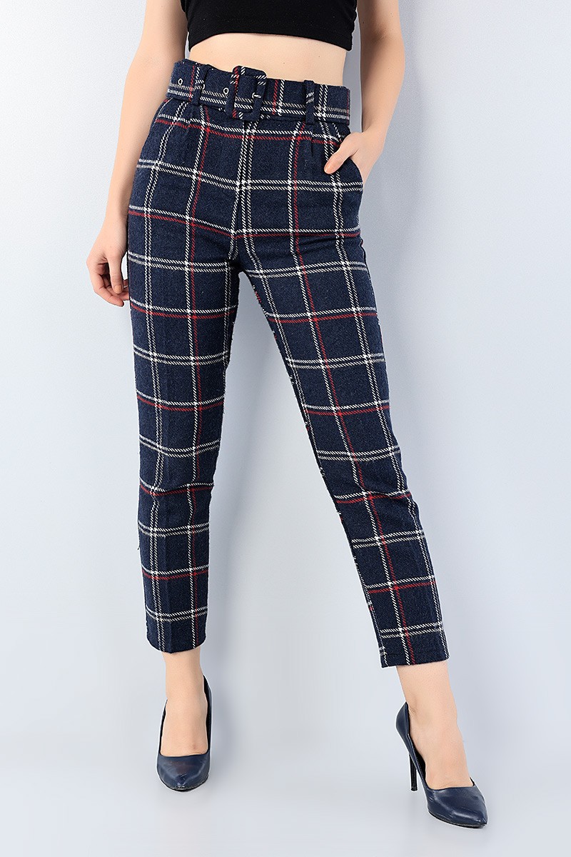 Lacivert Ekose Desenli Bayan Kaşmir Pantolon 75705