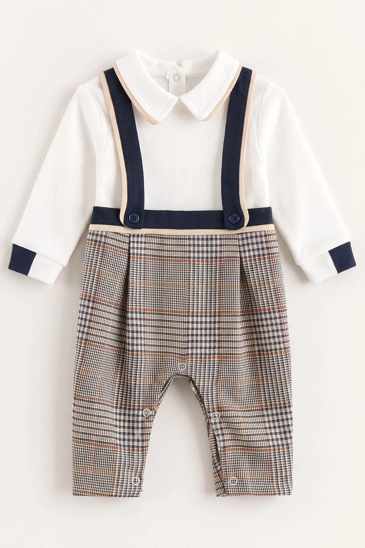 Lacivert Ekru  (0-1 Ay) Askılı Kareli Tulum, Battaniye ve 7'li Penye Erkek  Bebek Hastane Çıkış Seti 488532