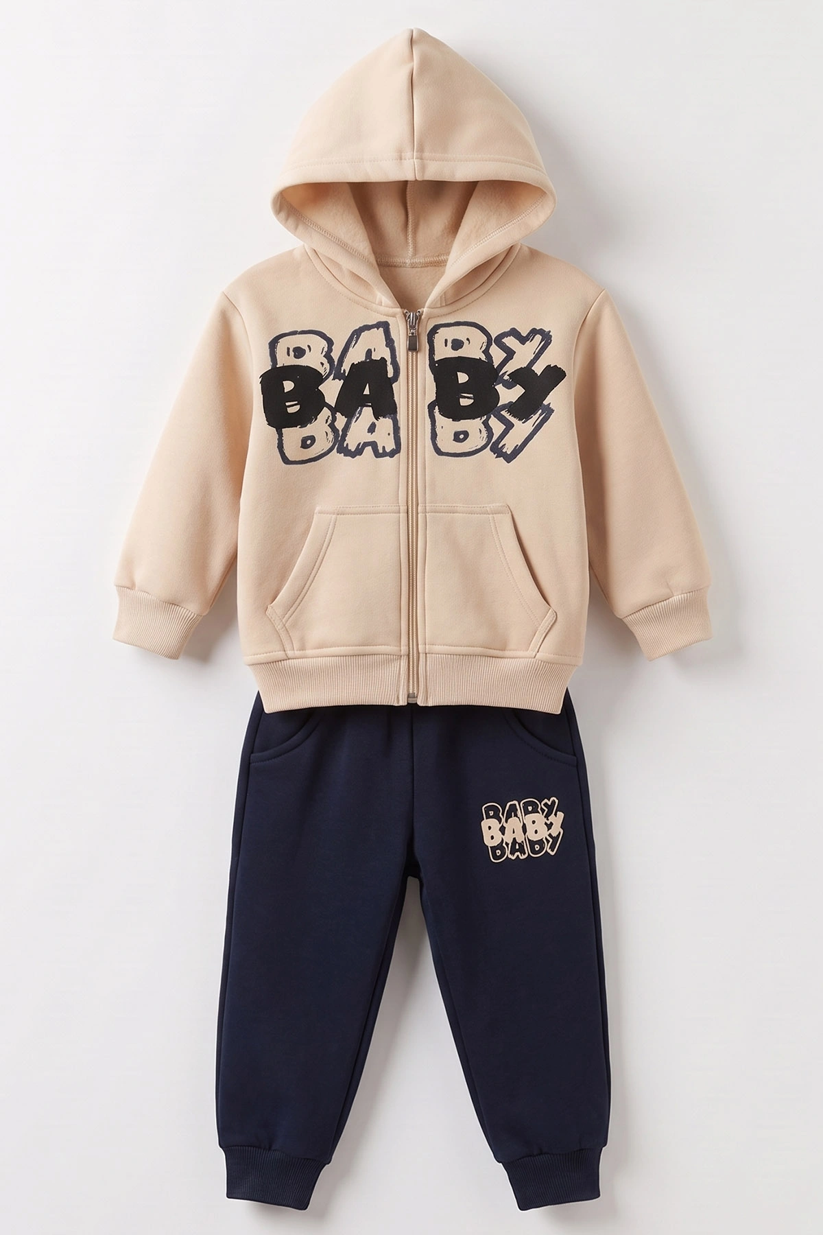 Lacivert Ekru (1-5 Yaş) Baby Baskılı Kapüşonlu Fermuarlı 3 İp Şardonlu Erkek Çocuk Kışlık Takım 487805