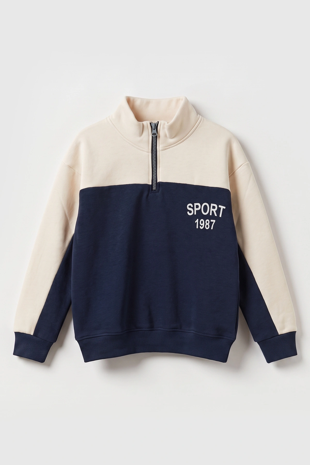 Lacivert Ekru (5-12 Yaş) Sports Baskılı Yarım Fermuarlı 3 İp Şardonlu Erkek Çocuk Sweatshirt 481750