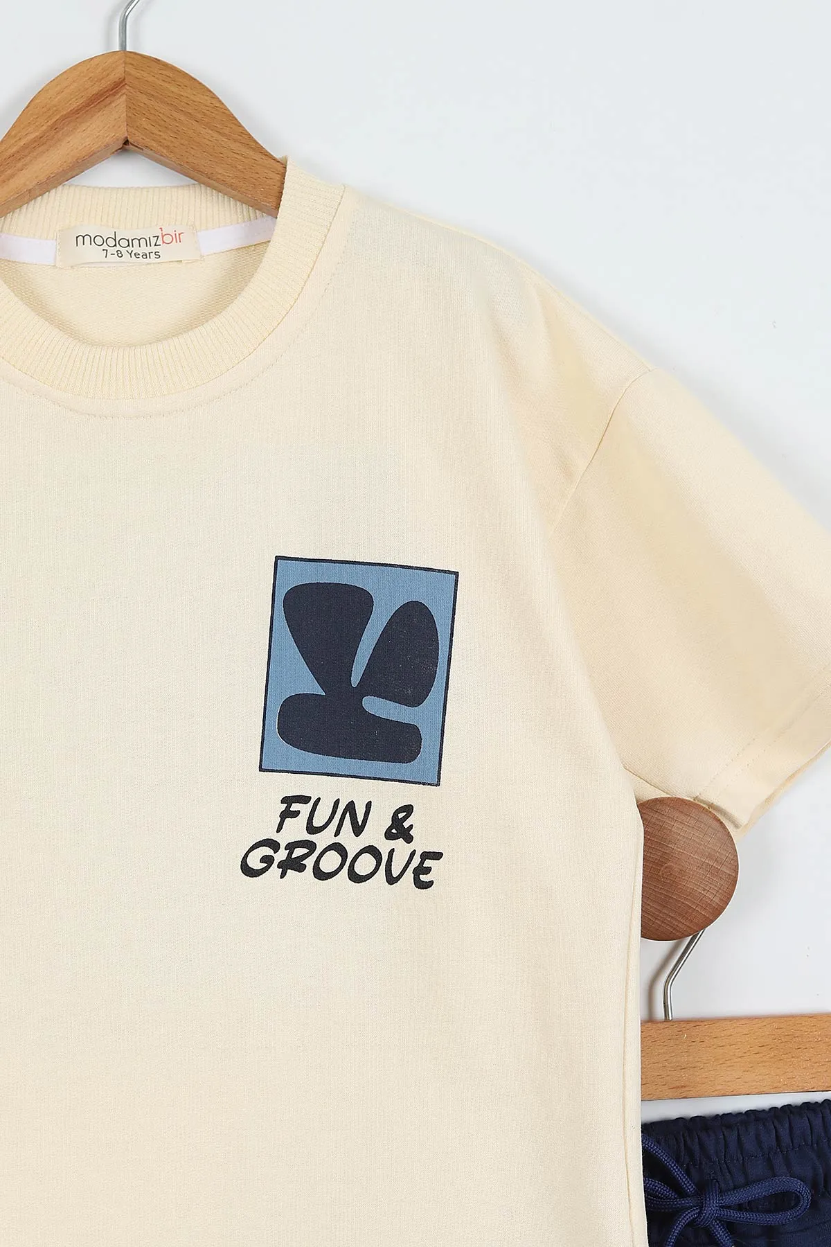 Lacivert Ekru  (7-12 Yaş)Ön Arka Fun Groove Baskılı Cepli Şortlu Erkek Çocuk Yazlık Takım 353404