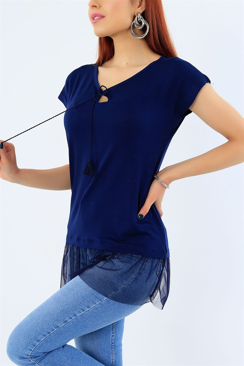 Lacivert Eteği Tüllü Bluz 31622