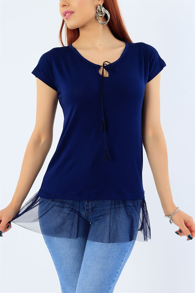 Lacivert Eteği Tüllü Bluz 31622