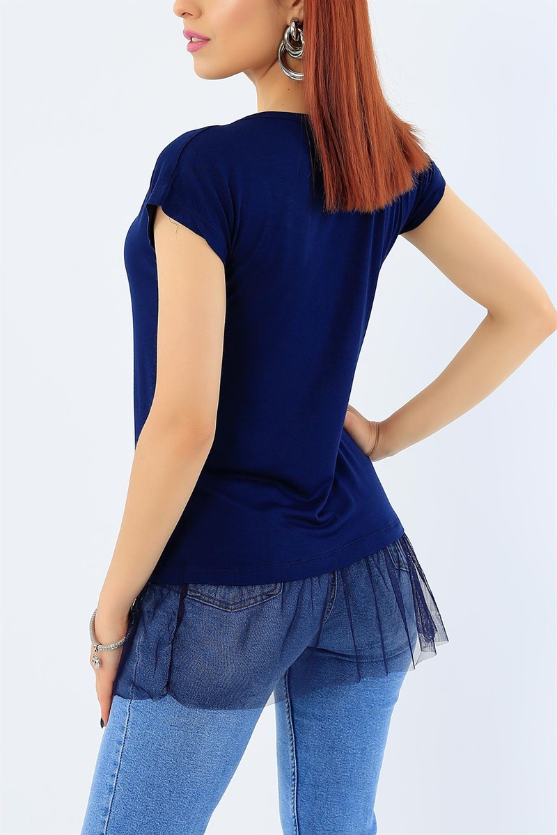 Lacivert Eteği Tüllü Bluz 31622