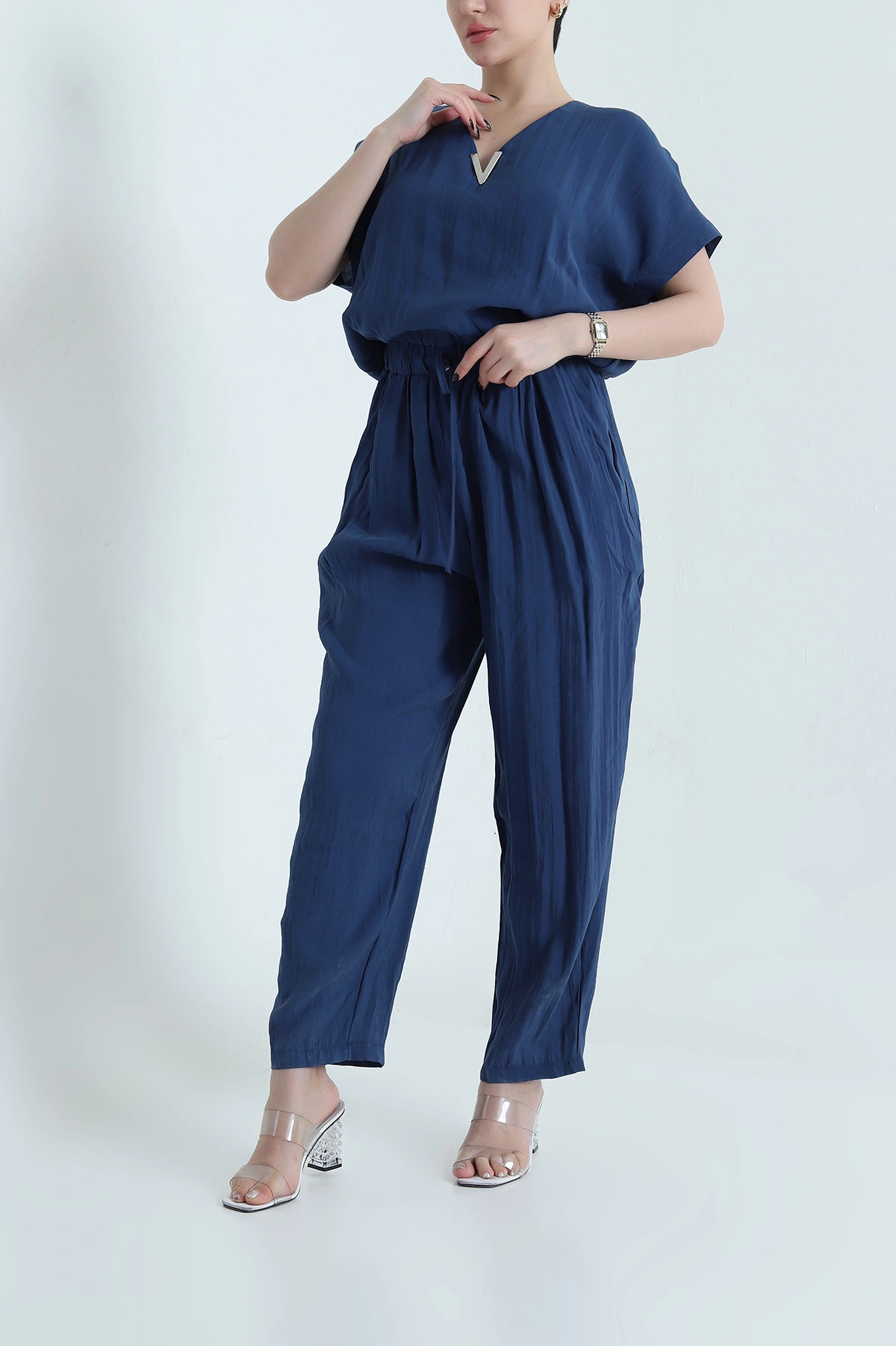 Lacivert Fermuarlı Bel Lastikli Tencel Kadın Tulum 452632