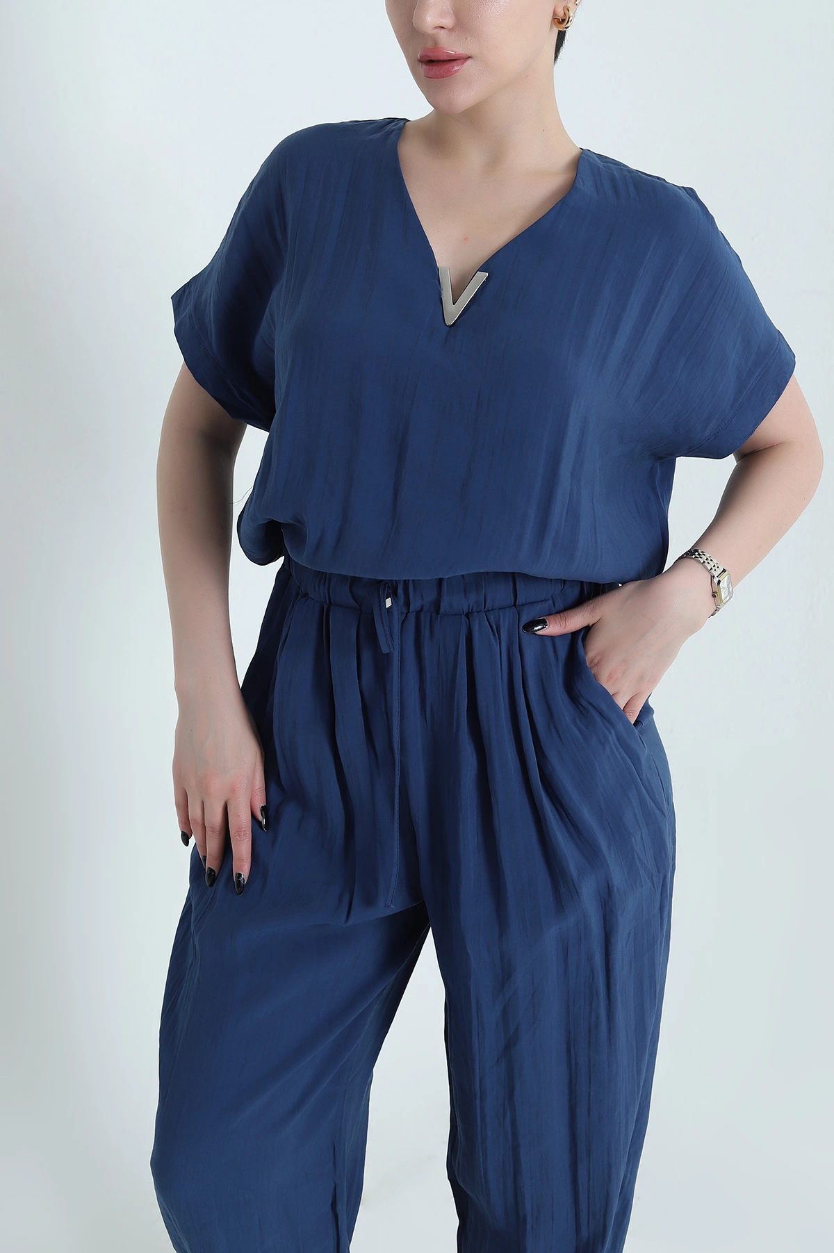 Lacivert Fermuarlı Bel Lastikli Tencel Kadın Tulum 452632