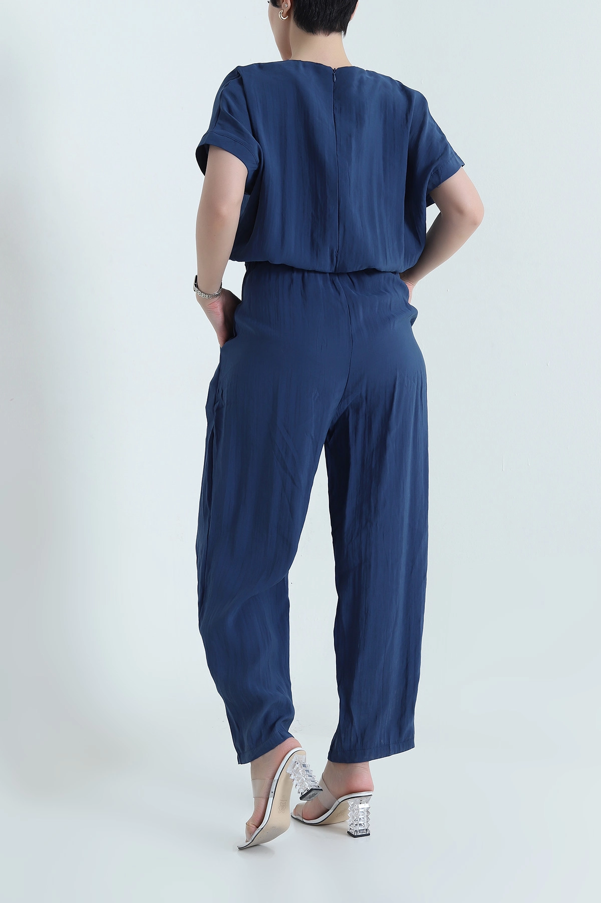 Lacivert Fermuarlı Bel Lastikli Tencel Kadın Tulum 452632