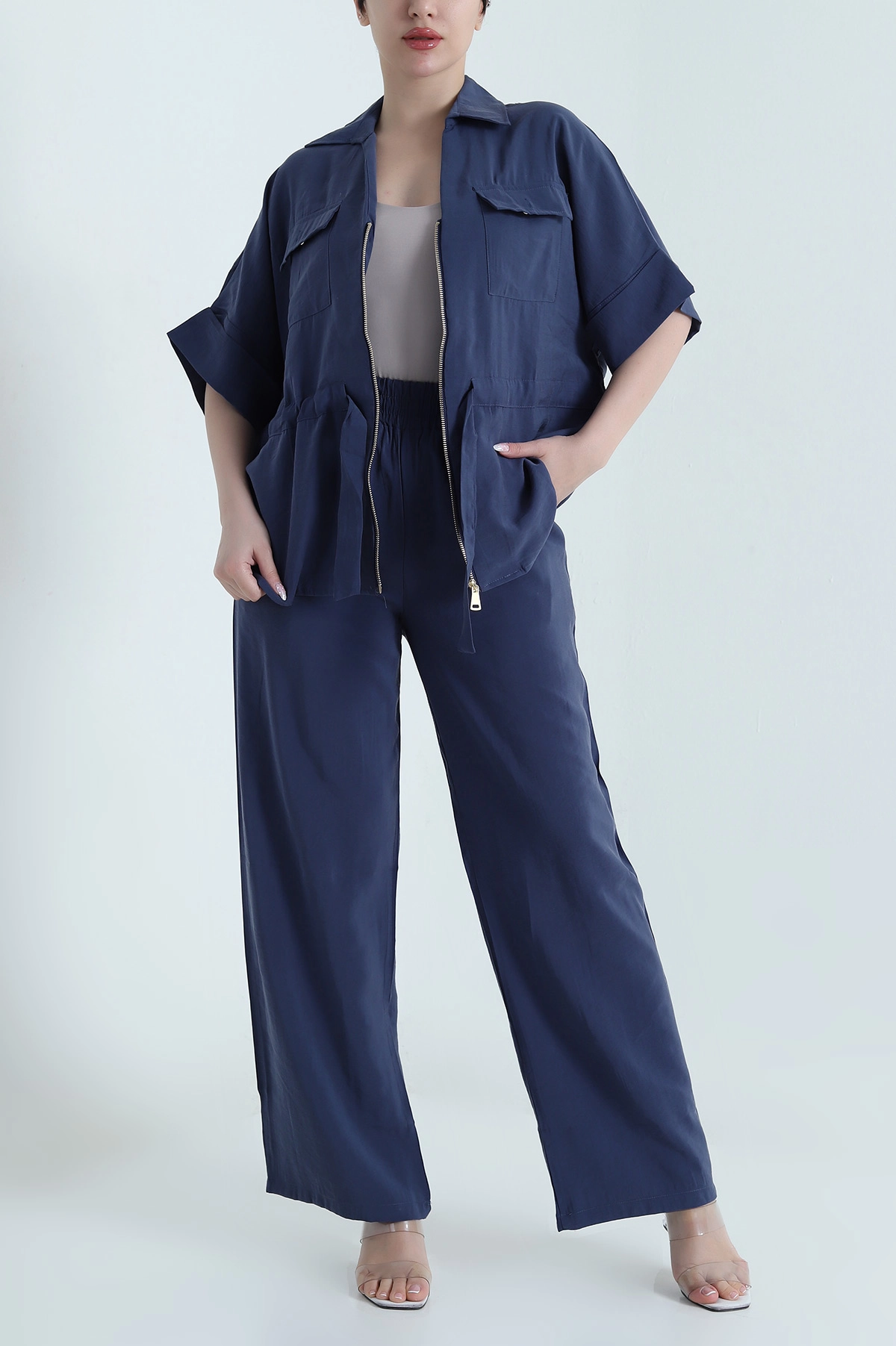 Lacivert Fermuarlı Cepli Tencel Kadın İkili Takım 459984