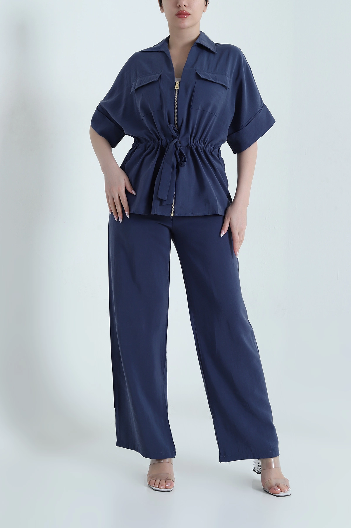 Lacivert Fermuarlı Cepli Tencel Kadın İkili Takım 459984