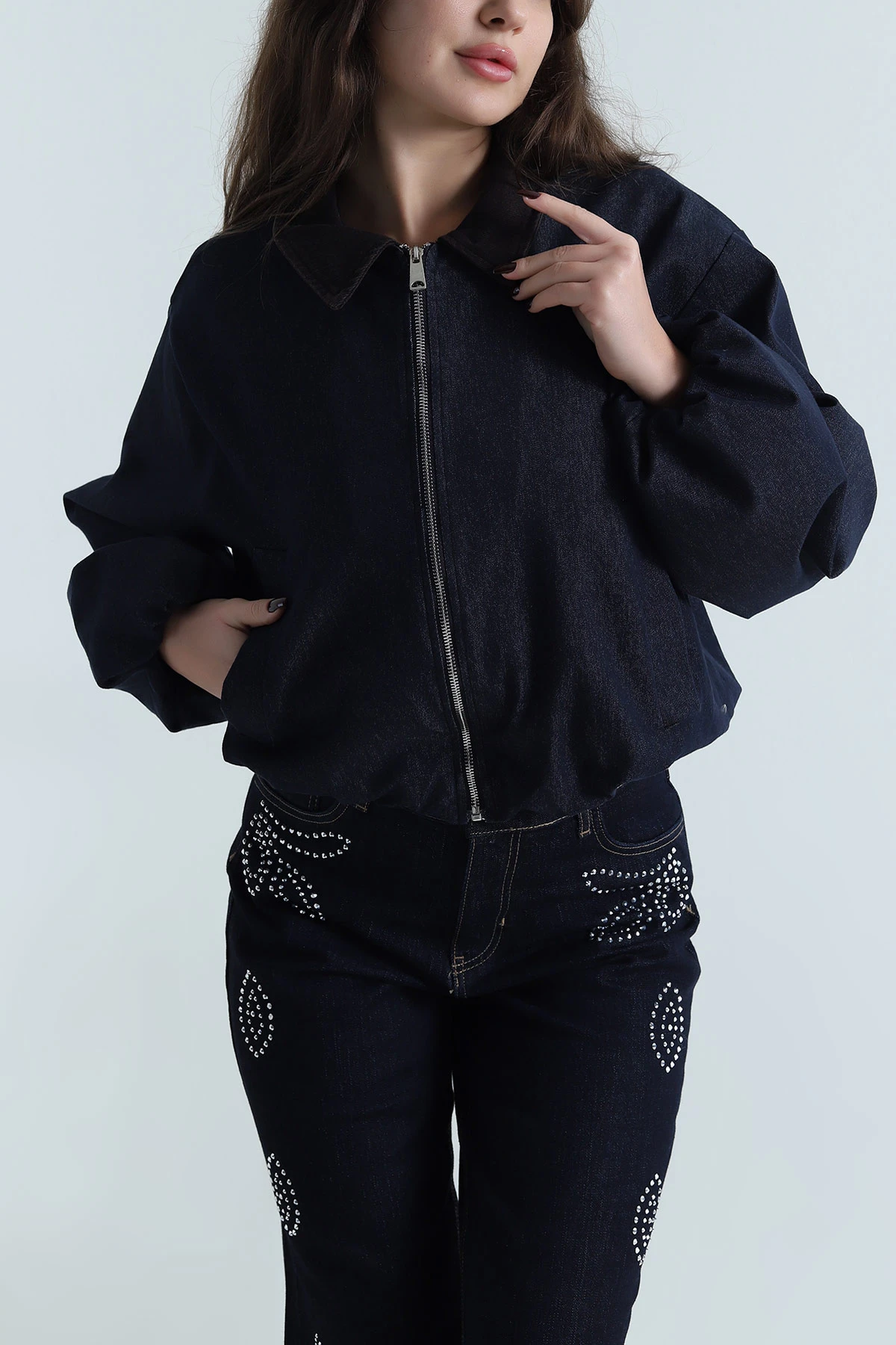 Lacivert Fermuarlı Denim Kadın Balon Ceket 497795