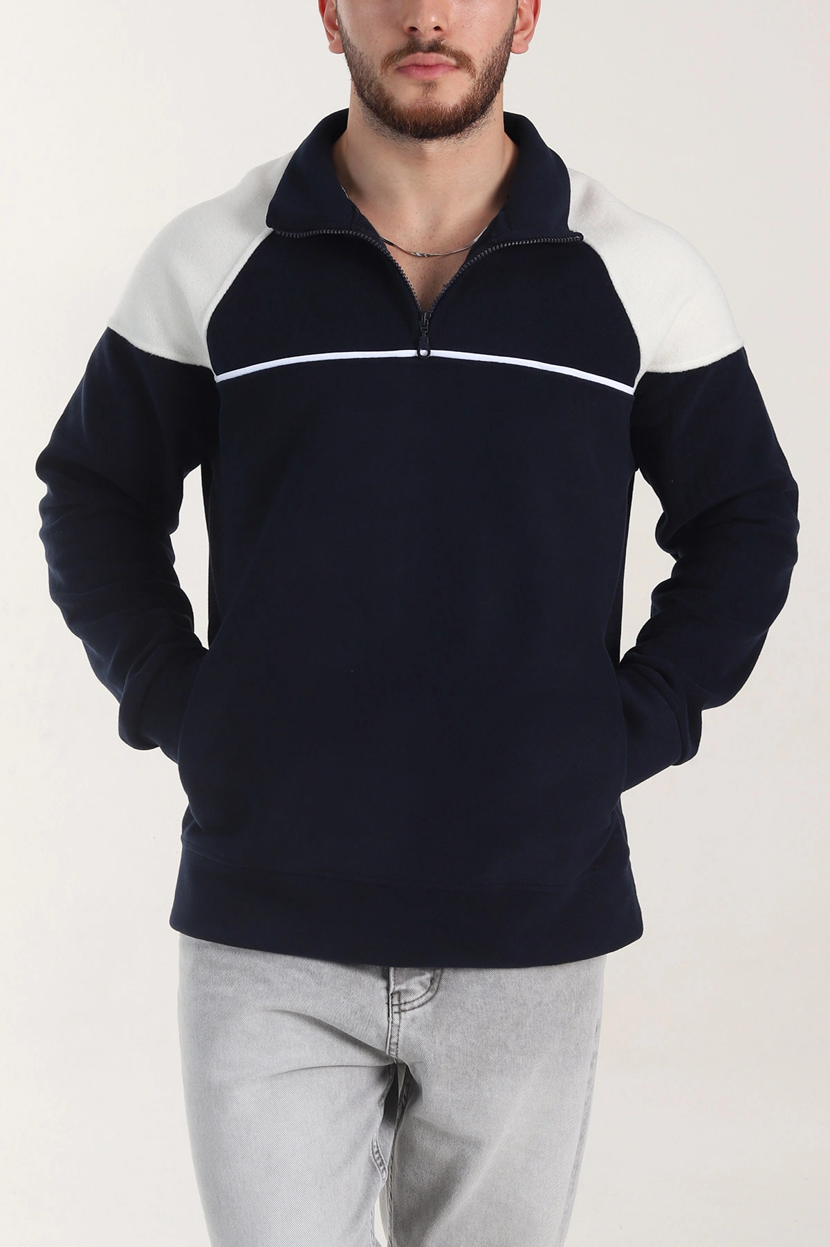 Lacivert Fermuarlı Dik Yaka Polar Kumaş Erkek Sweatshirt 404306