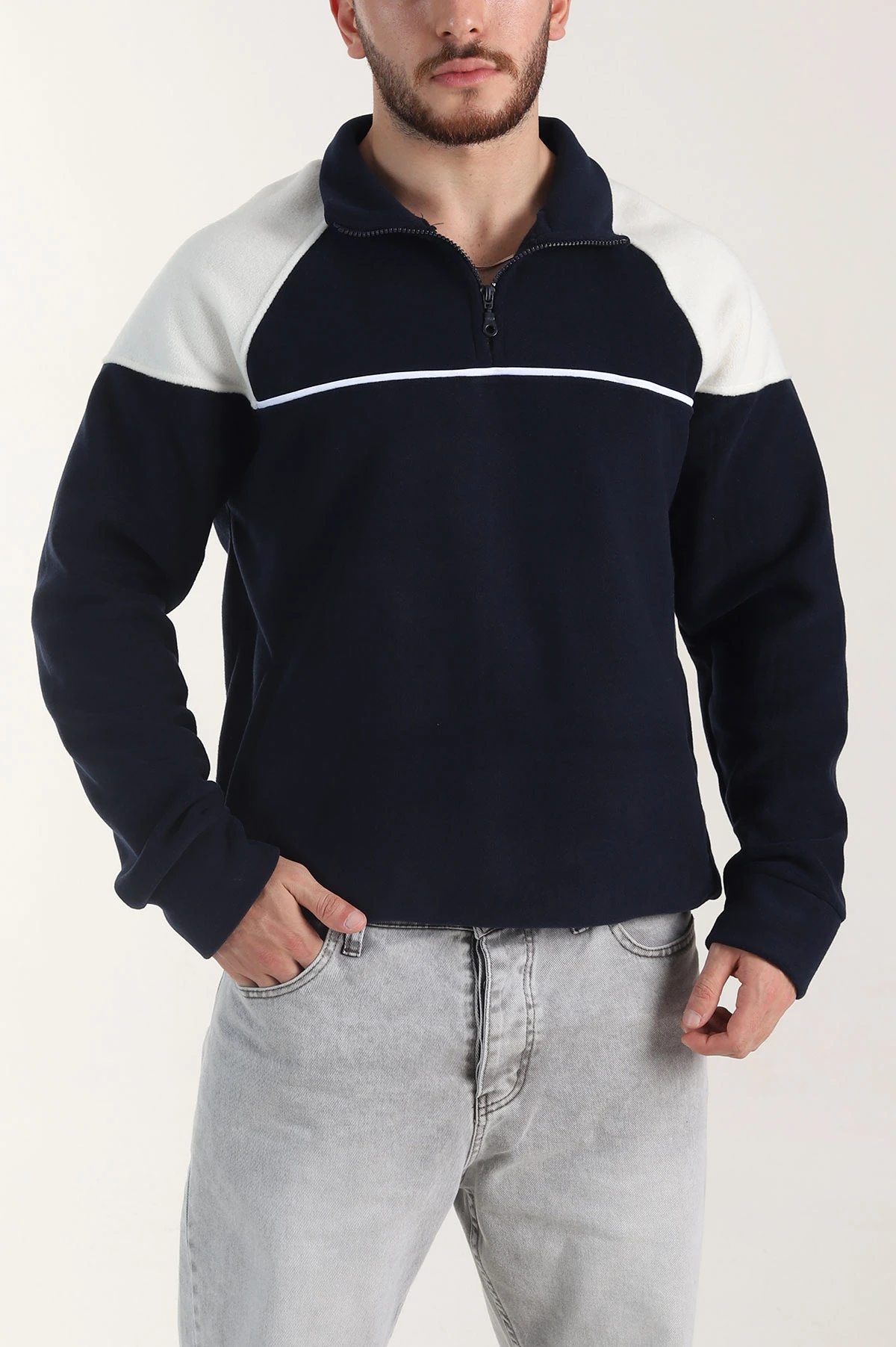 Lacivert Fermuarlı Dik Yaka Polar Kumaş Erkek Sweatshirt 404306