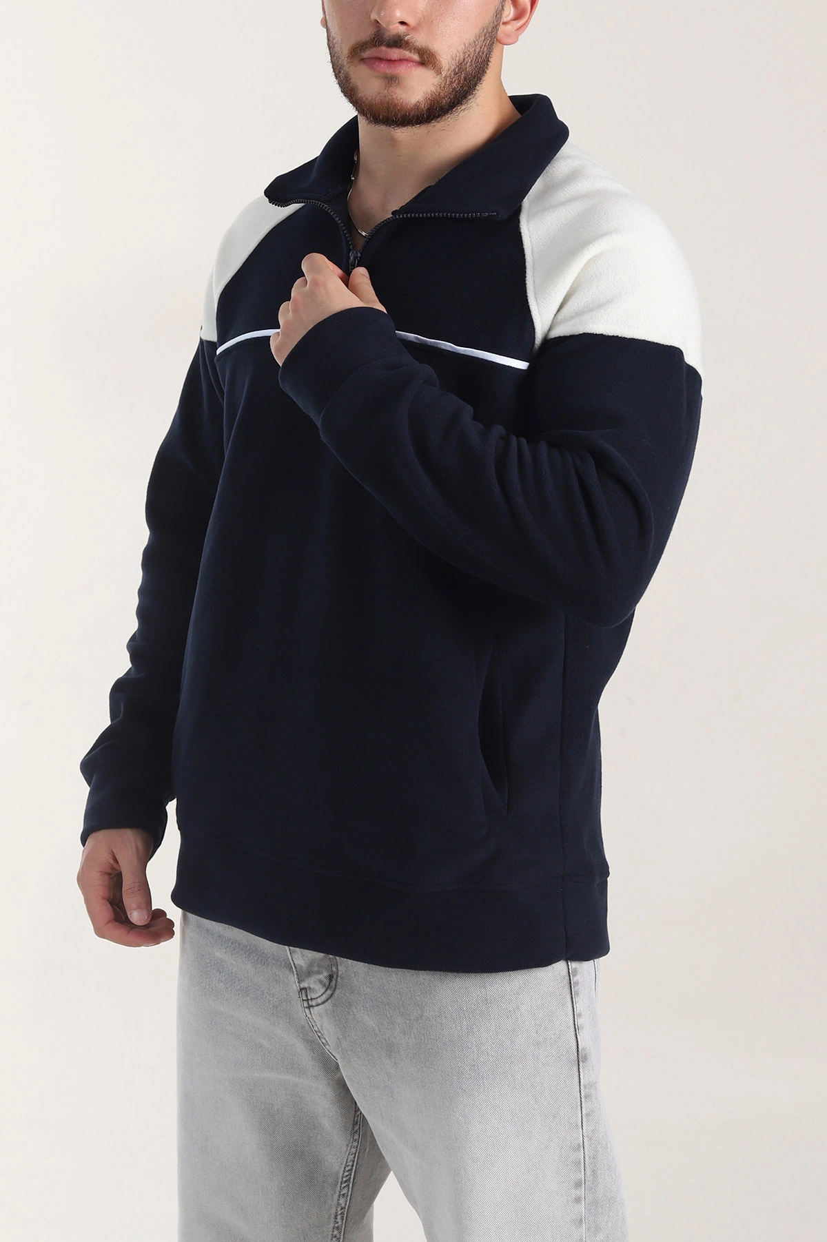 Lacivert Fermuarlı Dik Yaka Polar Kumaş Erkek Sweatshirt 404306